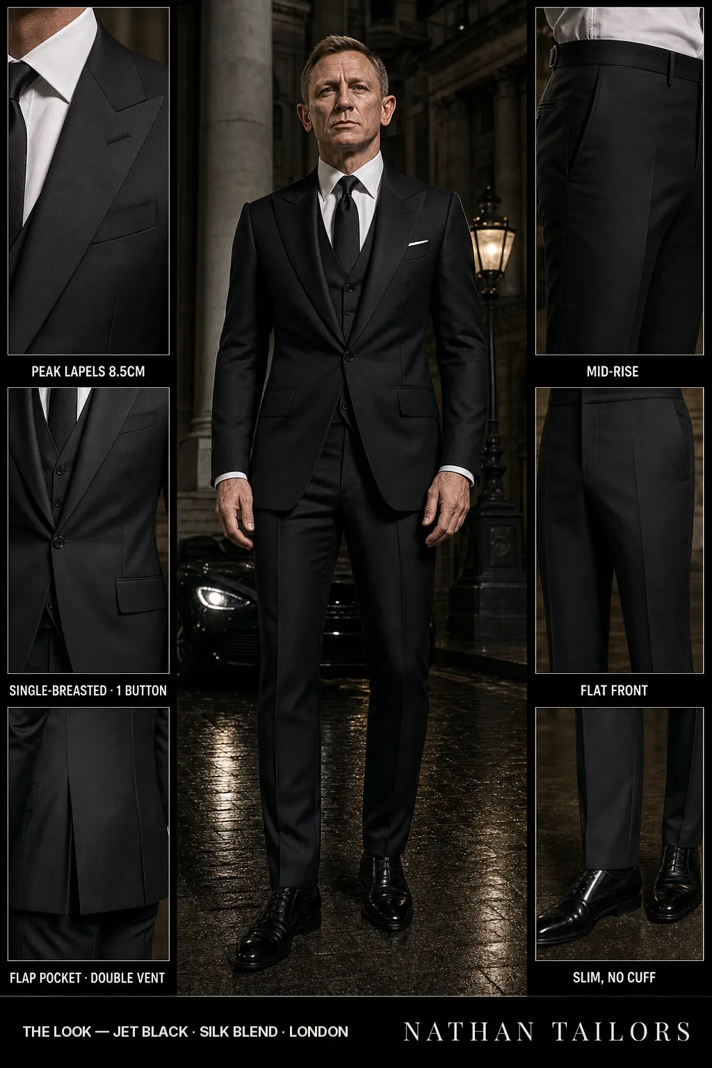 jet black single-breasted peak-lapel bespoke suit โ AI-rendered by Nathan Tailors, the Hoi An custom tailor. Available as a custom tailored suit from $149.
