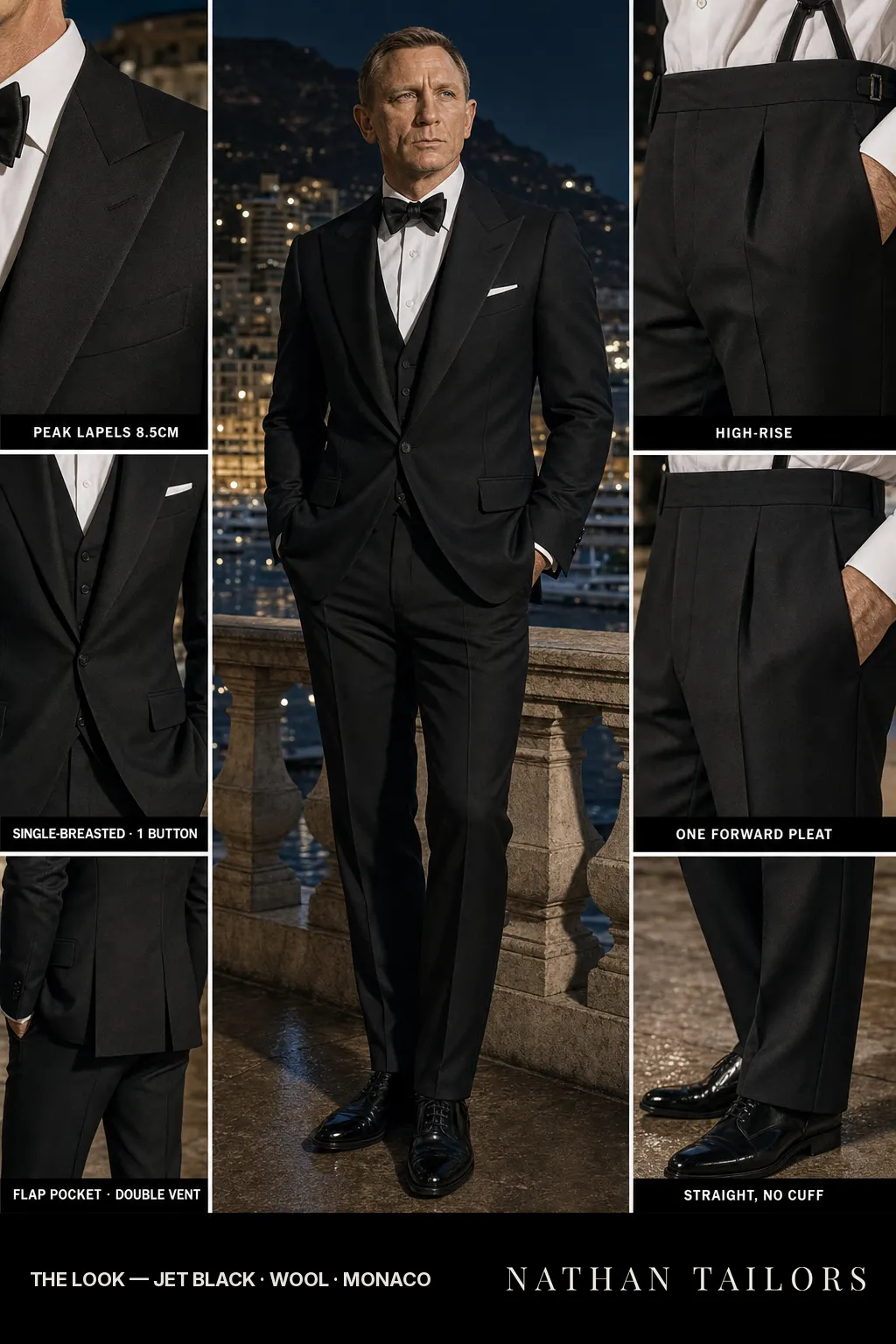 jet black single-breasted bespoke suit โ custom tailored by Nathan Tailors, the Hoi An custom tailor