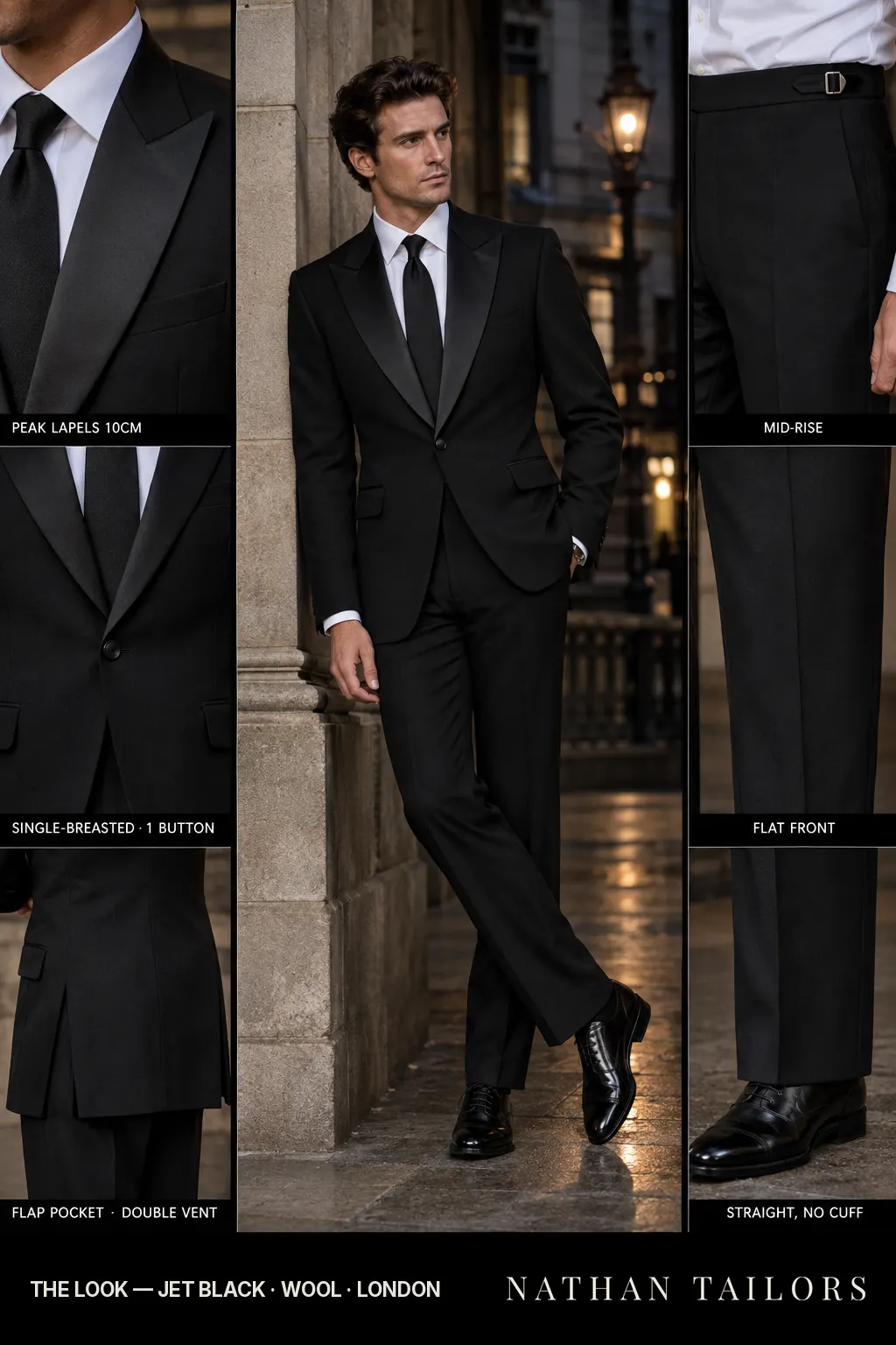 jet black single-breasted bespoke suit โ custom tailored by Nathan Tailors, the Hoi An custom tailor