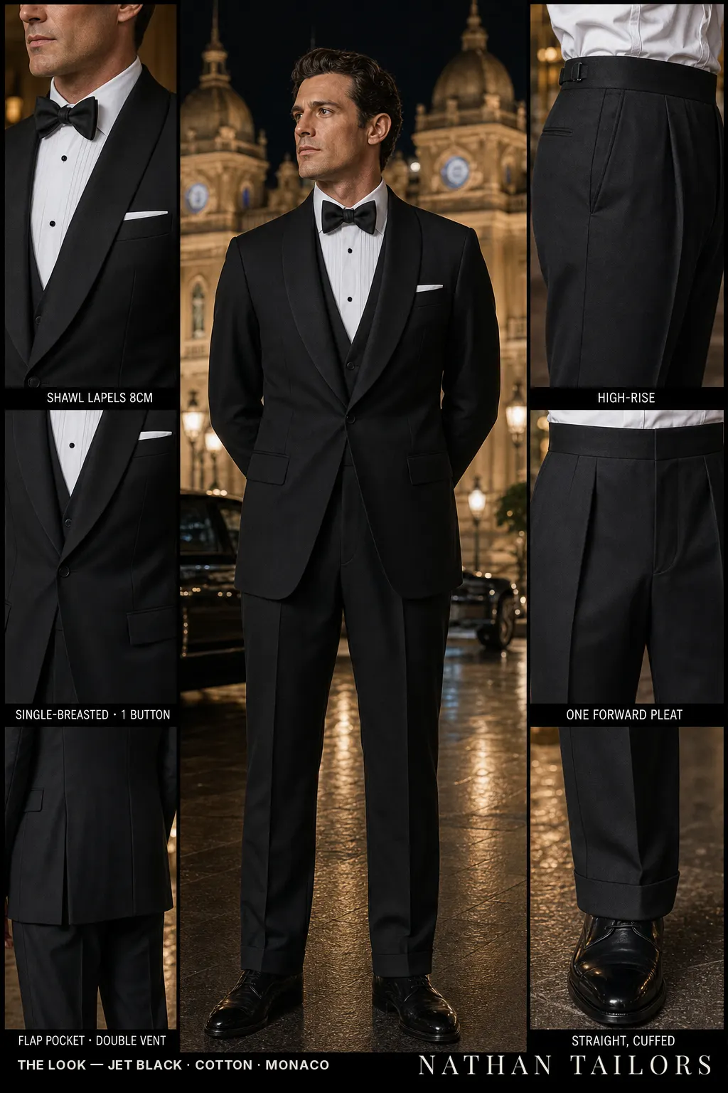 jet black single-breasted shawl-lapel bespoke suit — AI-rendered by Nathan Tailors, the Hoi An custom tailor. Available as a custom tailored suit from $149.