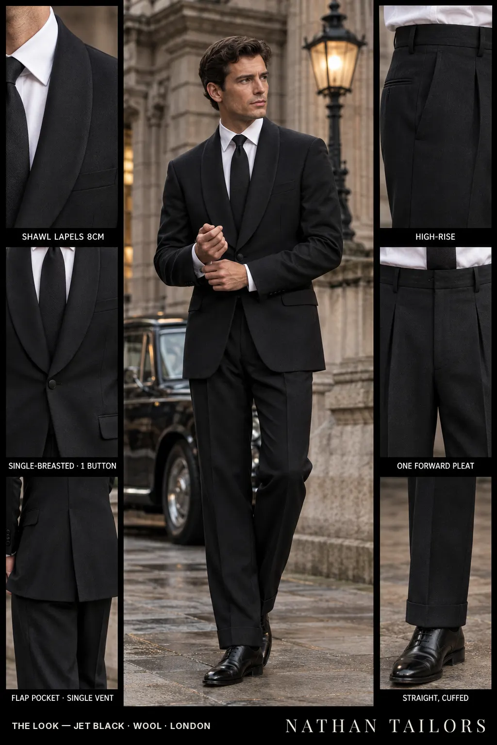 jet black single-breasted shawl-lapel bespoke suit โ AI-rendered by Nathan Tailors, the Hoi An custom tailor. Available as a custom tailored suit from $149.
