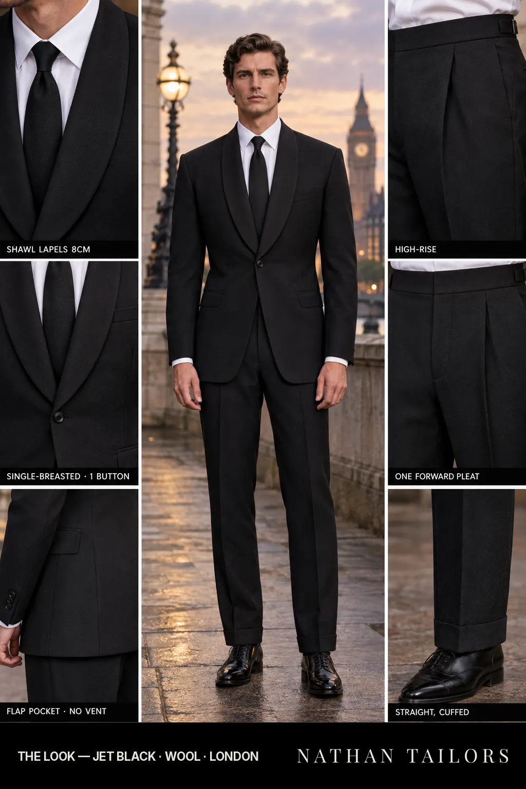 jet black single-breasted bespoke suit โ custom tailored by Nathan Tailors, the Hoi An custom tailor
