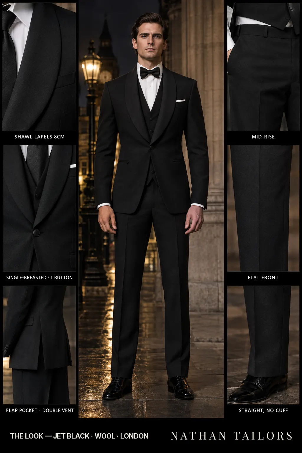 jet black single-breasted bespoke suit โ custom tailored by Nathan Tailors, the Hoi An custom tailor