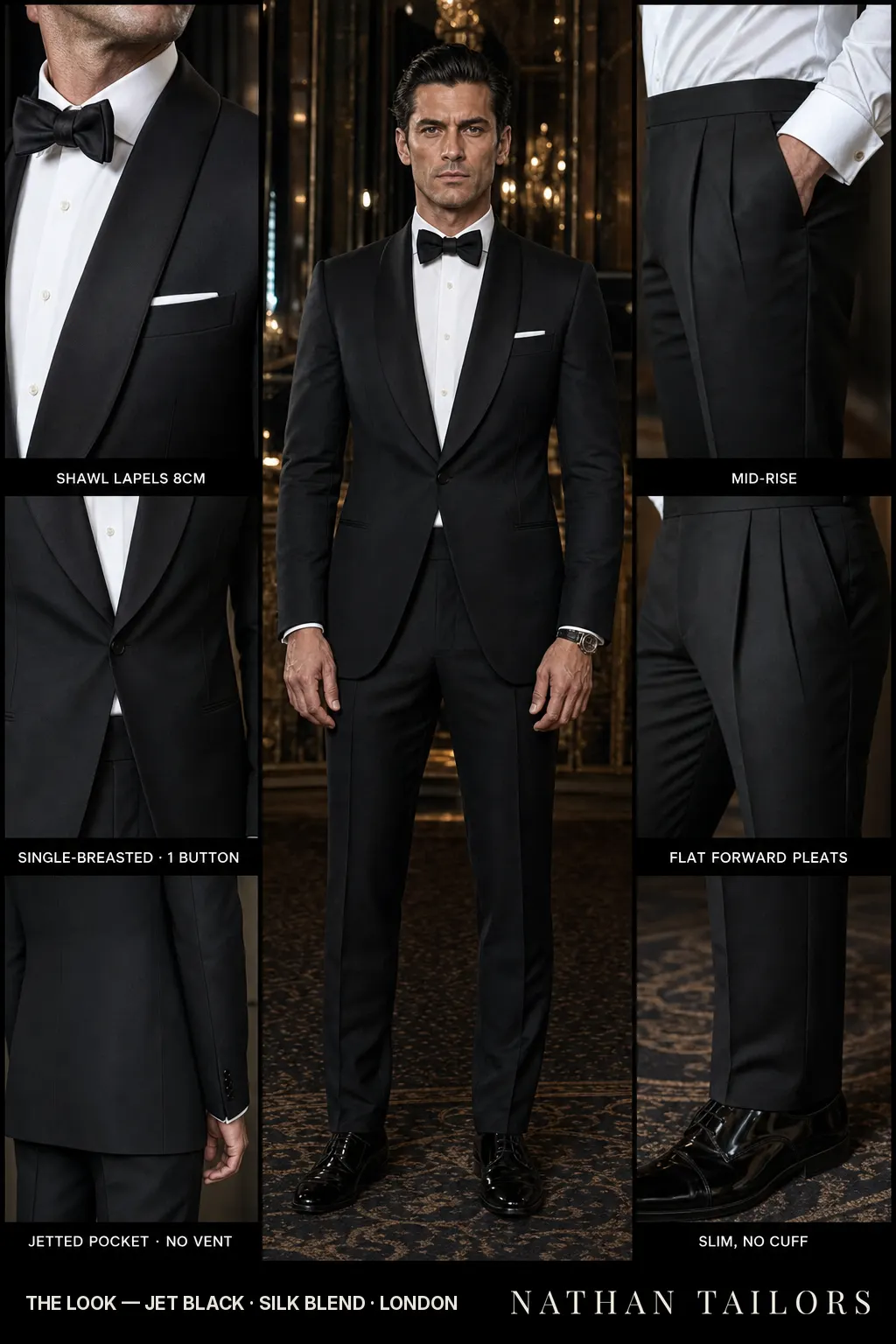jet black single-breasted shawl-lapel bespoke suit — AI-rendered by Nathan Tailors, the Hoi An custom tailor. Available as a custom tailored suit from $149.