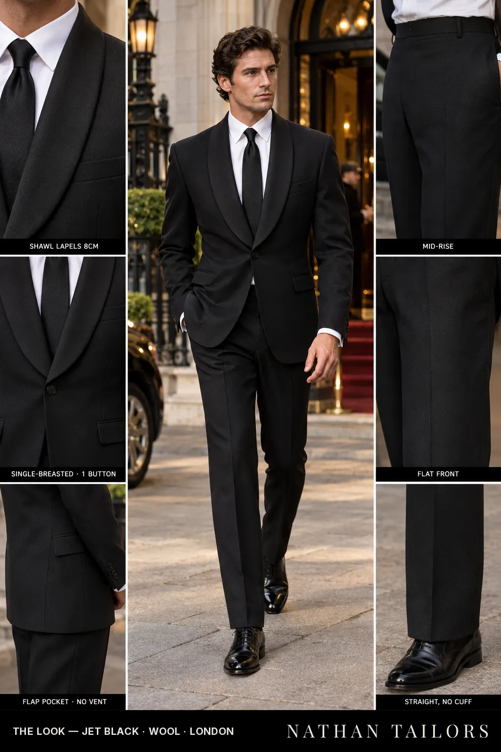 jet black single-breasted shawl-lapel bespoke suit โ AI-rendered by Nathan Tailors, the Hoi An custom tailor. Available as a custom tailored suit from $149.