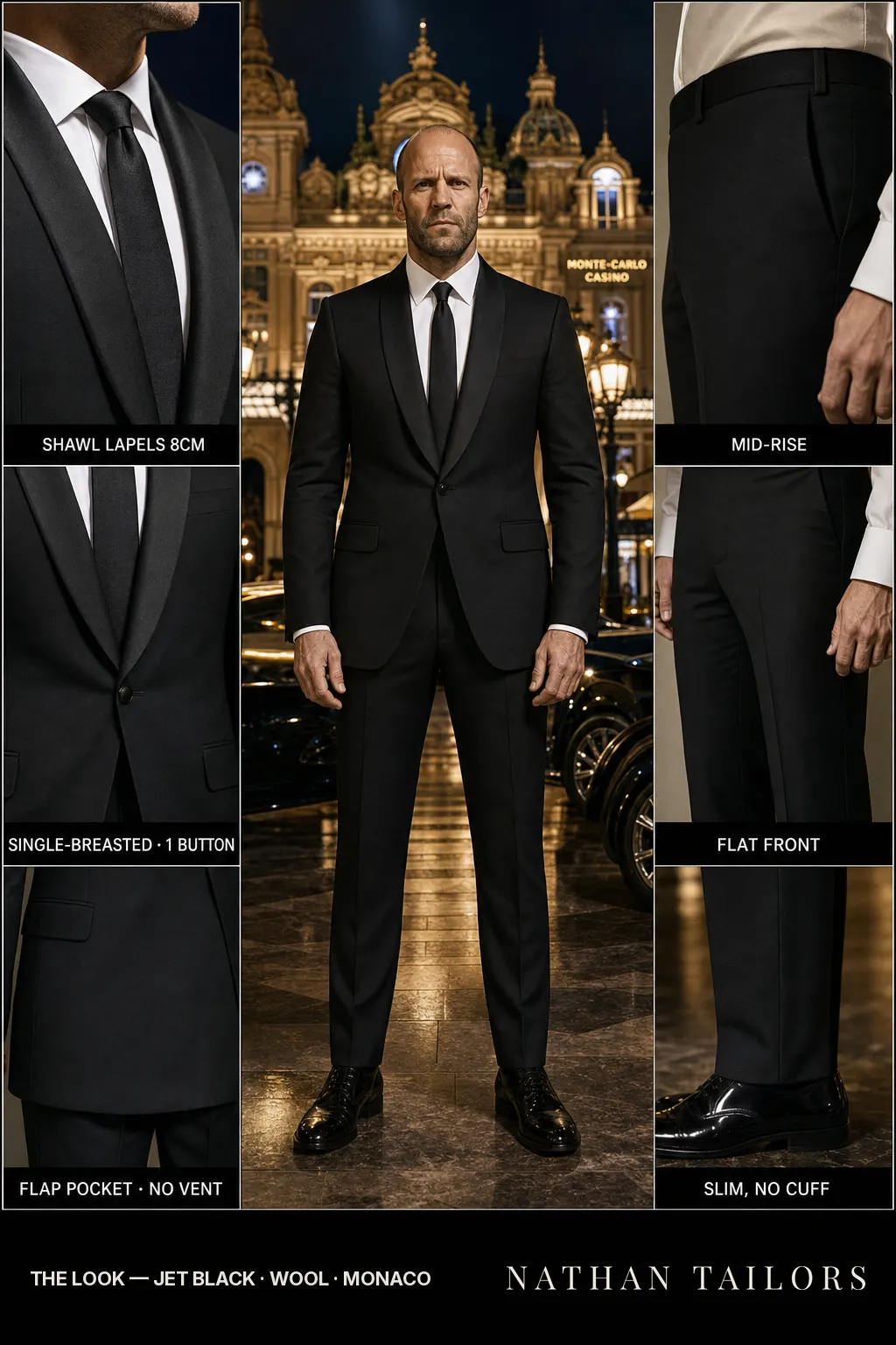 jet black single-breasted shawl-lapel bespoke suit โ AI-rendered by Nathan Tailors, the Hoi An custom tailor. Available as a custom tailored suit from $149.