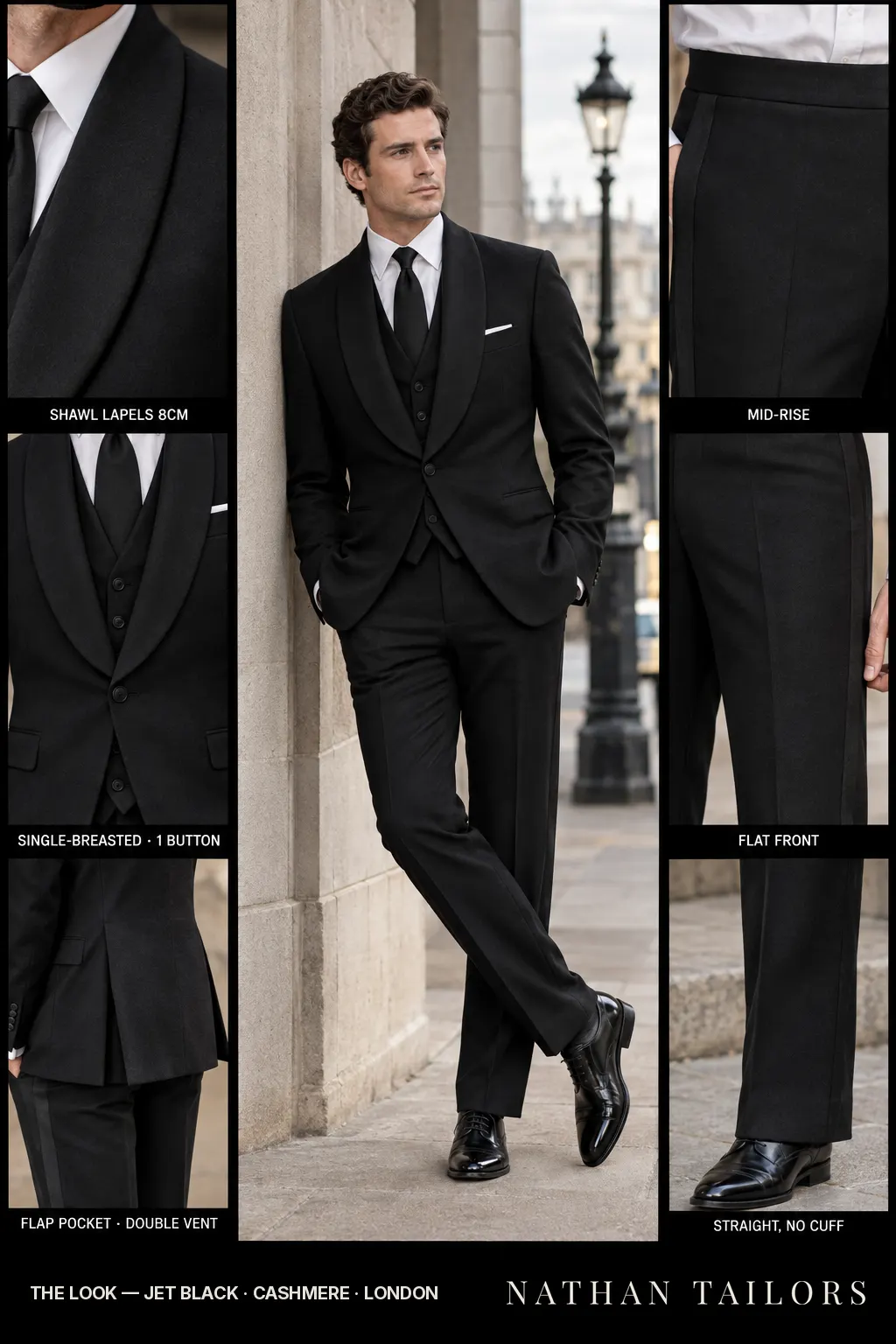 jet black single-breasted bespoke suit โ custom tailored by Nathan Tailors, the Hoi An custom tailor