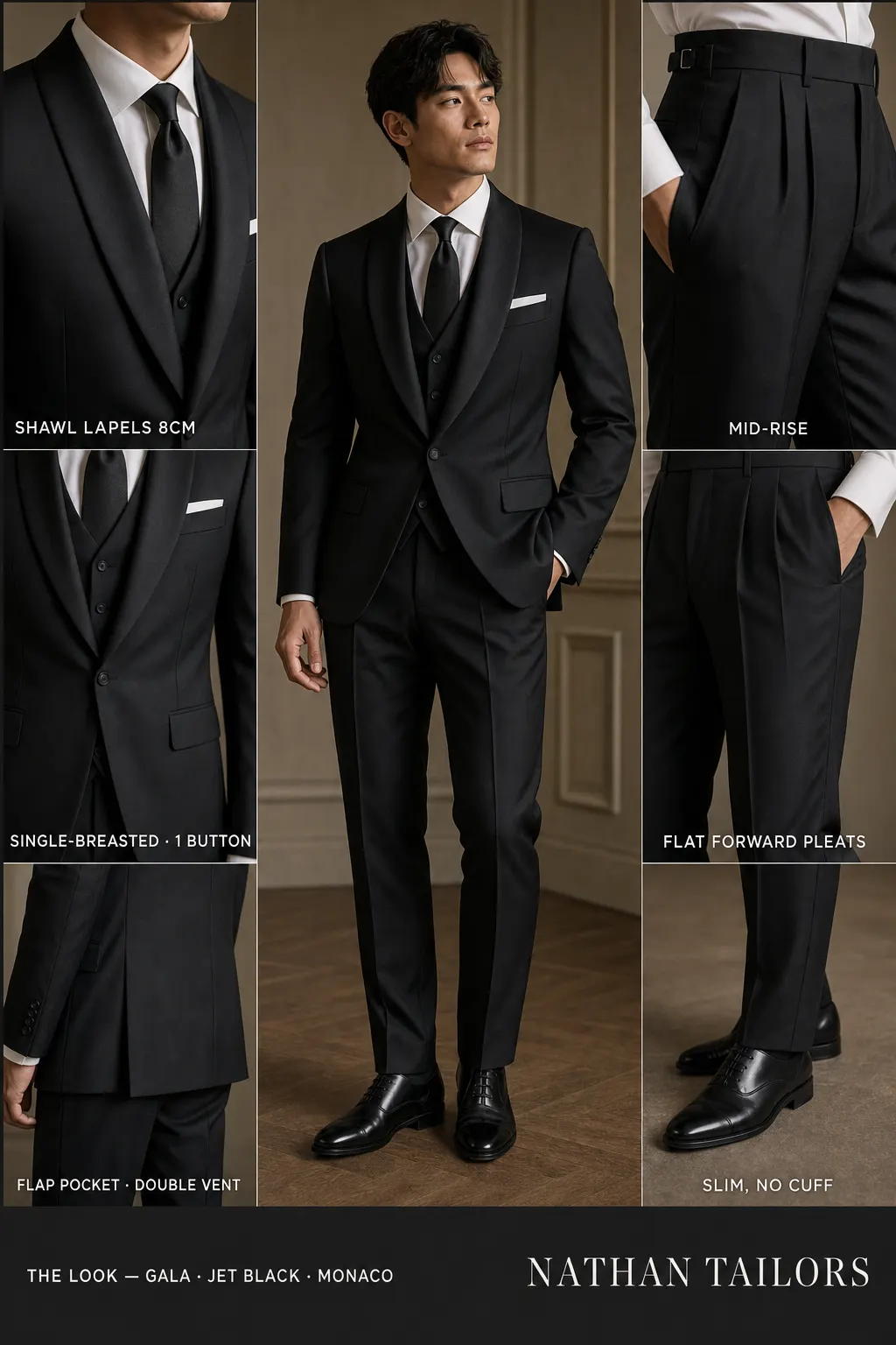 jet black single-breasted shawl-lapel bespoke suit — AI-rendered by Nathan Tailors, the Hoi An custom tailor. Available as a custom tailored suit from $149.