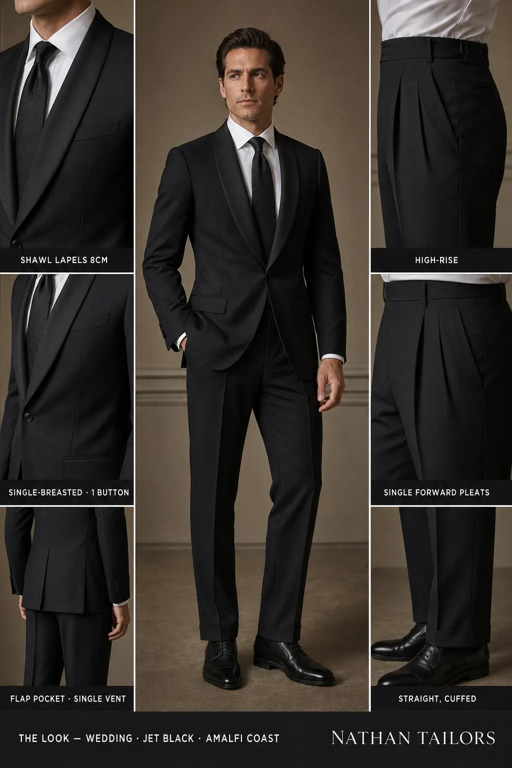 jet black single-breasted shawl-lapel bespoke suit — AI-rendered by Nathan Tailors, the Hoi An custom tailor. Available as a custom tailored suit from $149.