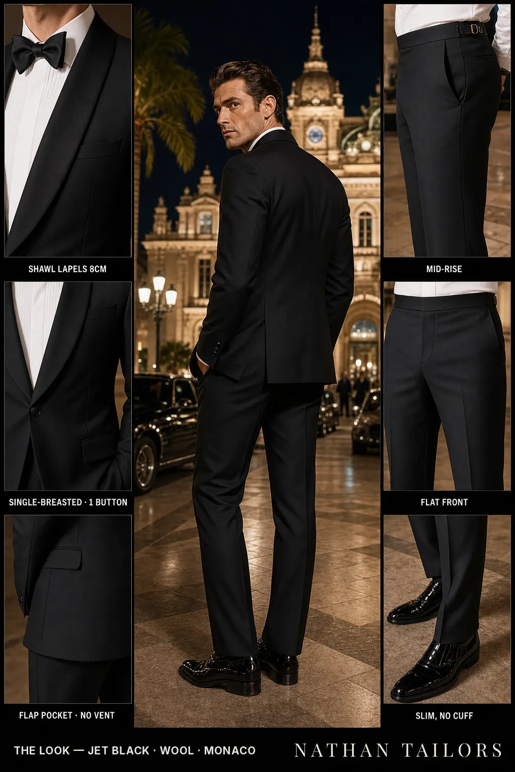 jet black single-breasted shawl-lapel bespoke suit โ AI-rendered by Nathan Tailors, the Hoi An custom tailor. Available as a custom tailored suit from $149.