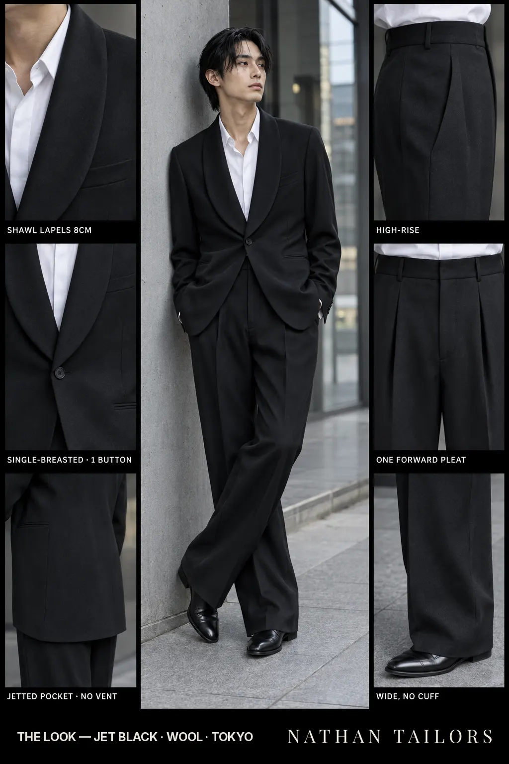 jet black single-breasted bespoke suit โ custom tailored by Nathan Tailors, the Hoi An custom tailor