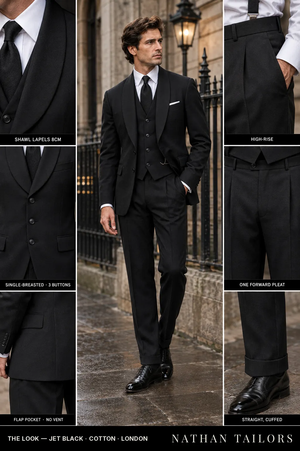 jet black single-breasted bespoke suit — custom tailored by Nathan Tailors, the Hoi An custom tailor