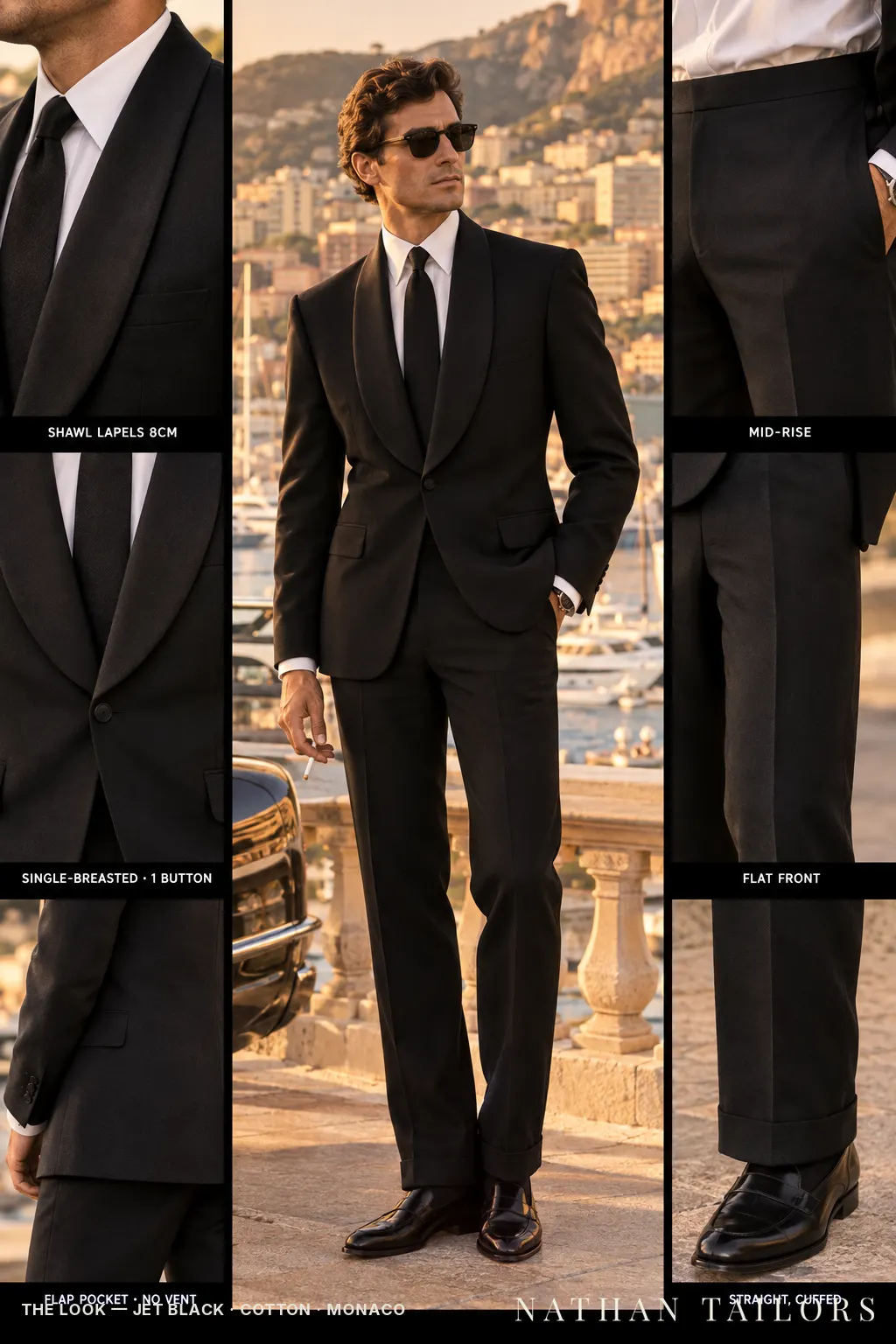 jet black single-breasted bespoke suit โ custom tailored by Nathan Tailors, the Hoi An custom tailor