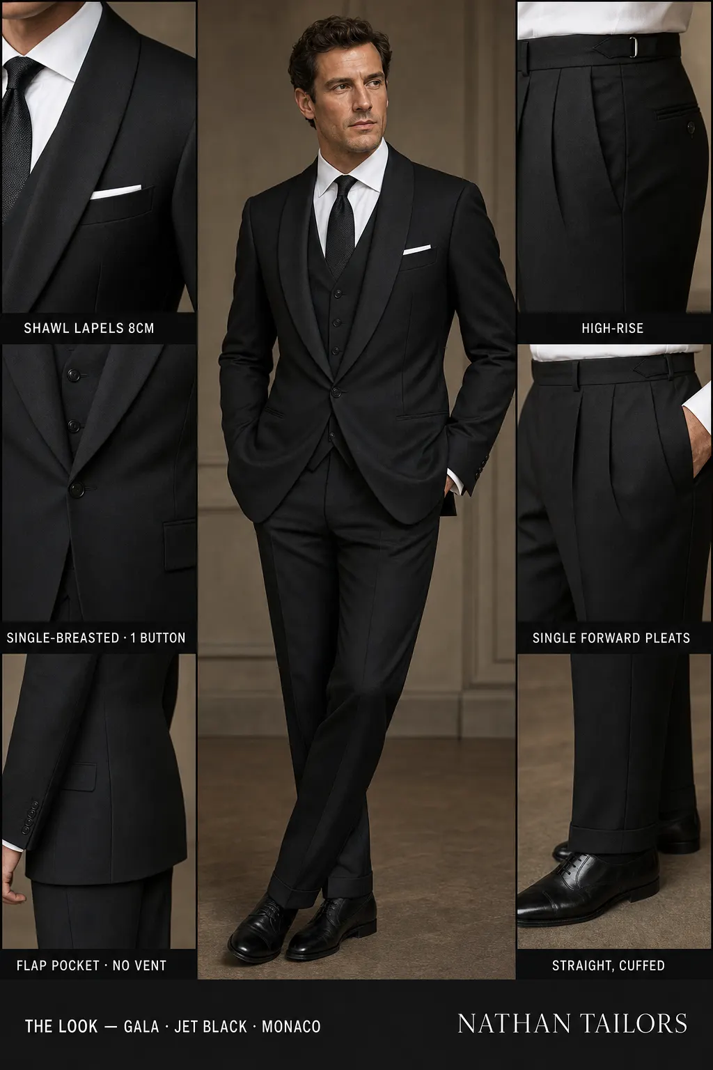 jet black single-breasted shawl-lapel bespoke suit โ AI-rendered by Nathan Tailors, the Hoi An custom tailor. Available as a custom tailored suit from $149.