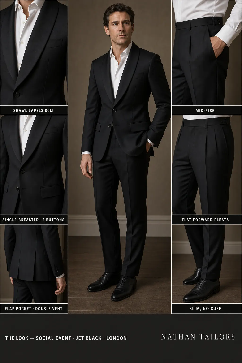 jet black single-breasted shawl-lapel bespoke suit โ AI-rendered by Nathan Tailors, the Hoi An custom tailor. Available as a custom tailored suit from $149.