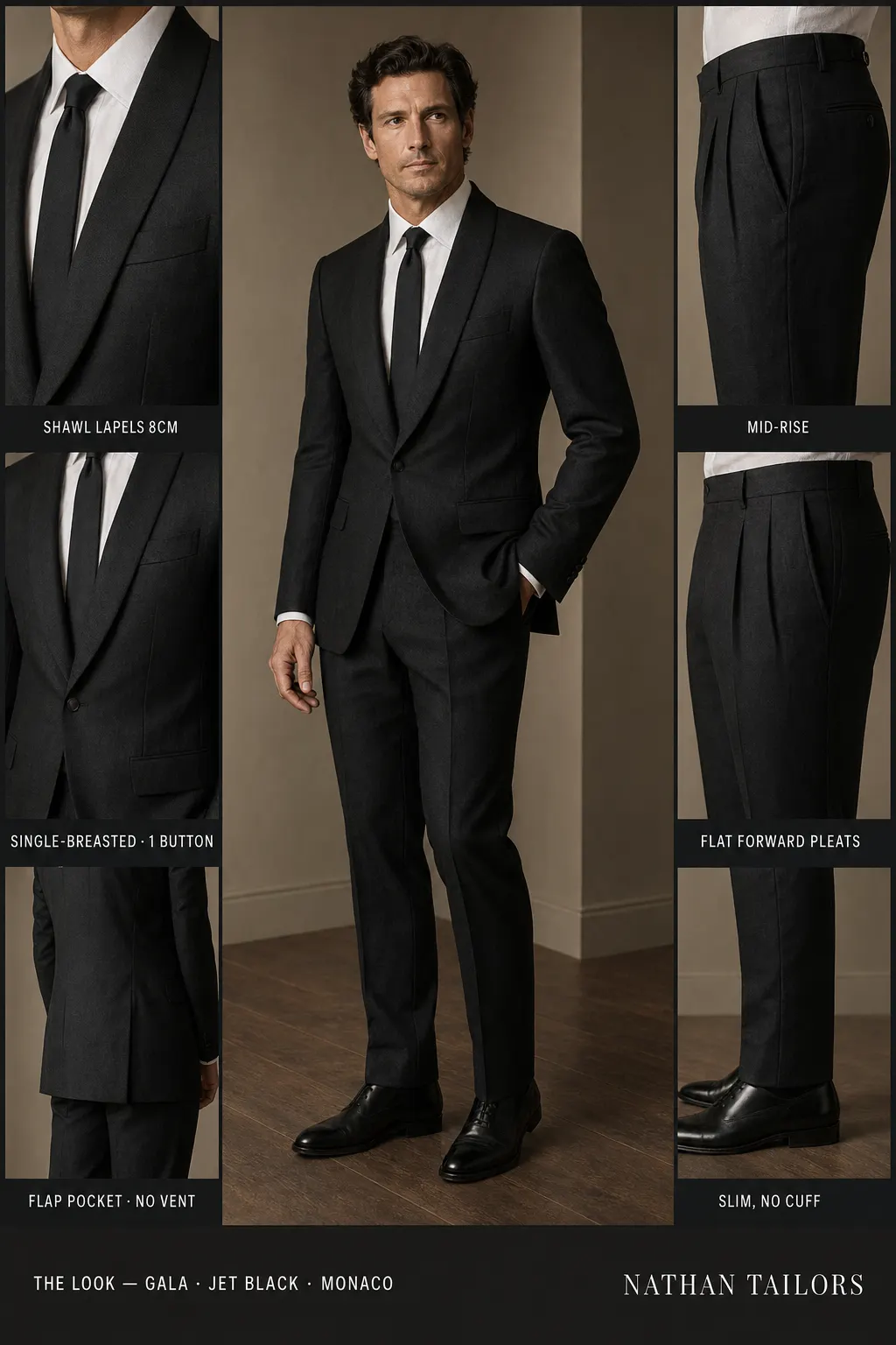 jet black single-breasted shawl-lapel bespoke suit — AI-rendered by Nathan Tailors, the Hoi An custom tailor. Available as a custom tailored suit from $149.