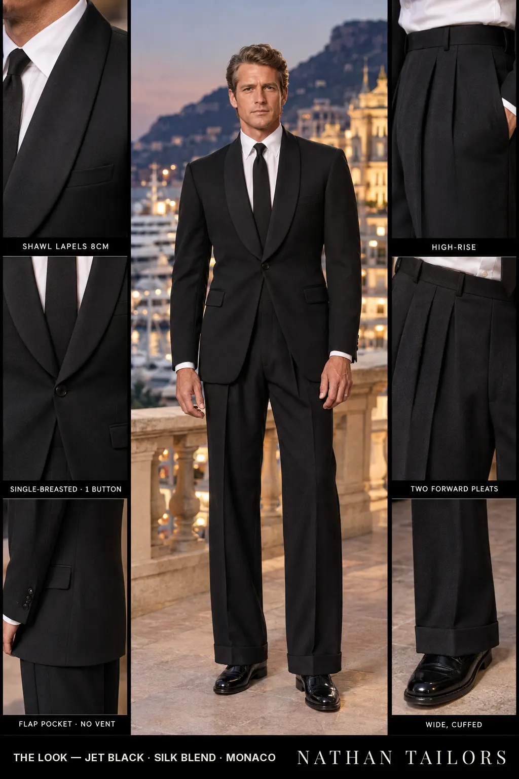 jet black single-breasted bespoke suit โ custom tailored by Nathan Tailors, the Hoi An custom tailor