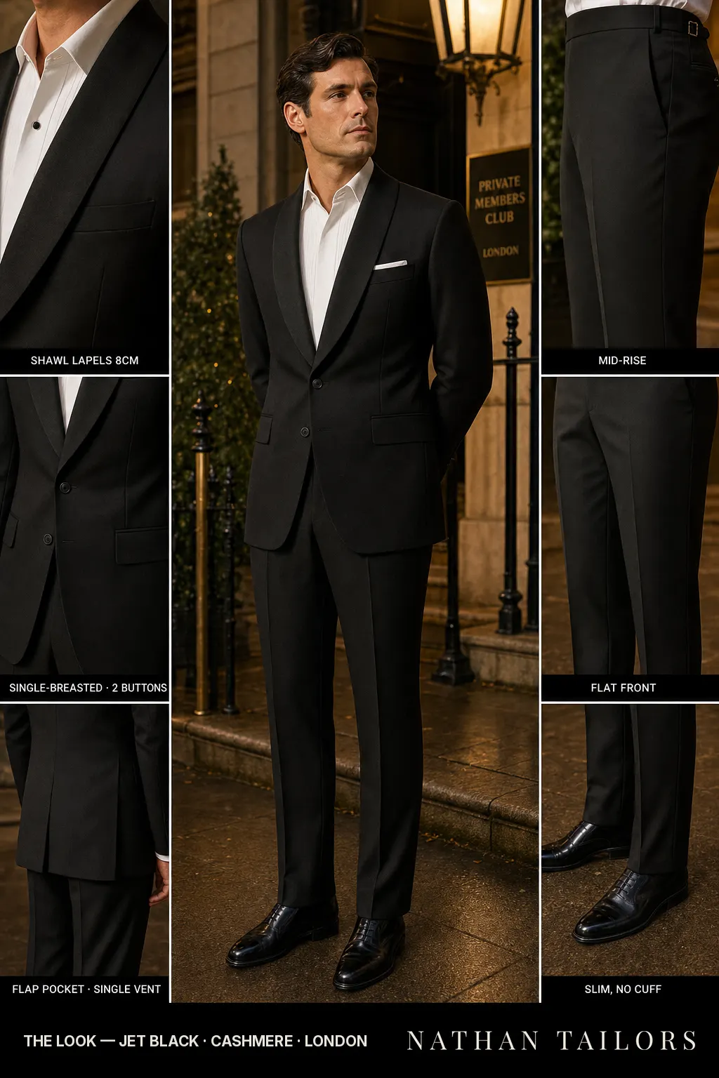 jet black single-breasted shawl-lapel bespoke suit — AI-rendered by Nathan Tailors, the Hoi An custom tailor. Available as a custom tailored suit from $149.