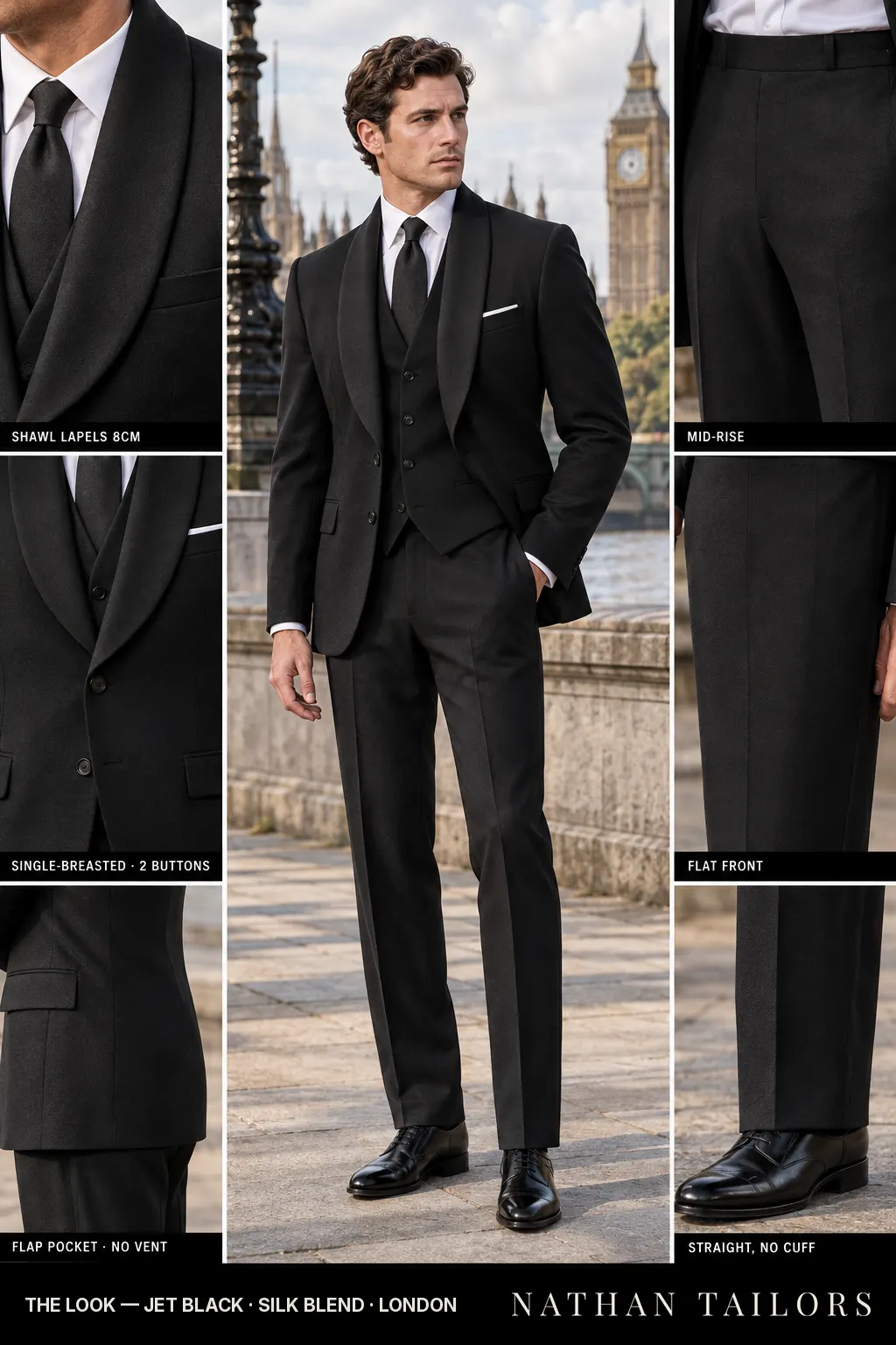 jet black single-breasted shawl-lapel bespoke suit โ AI-rendered by Nathan Tailors, the Hoi An custom tailor. Available as a custom tailored suit from $149.