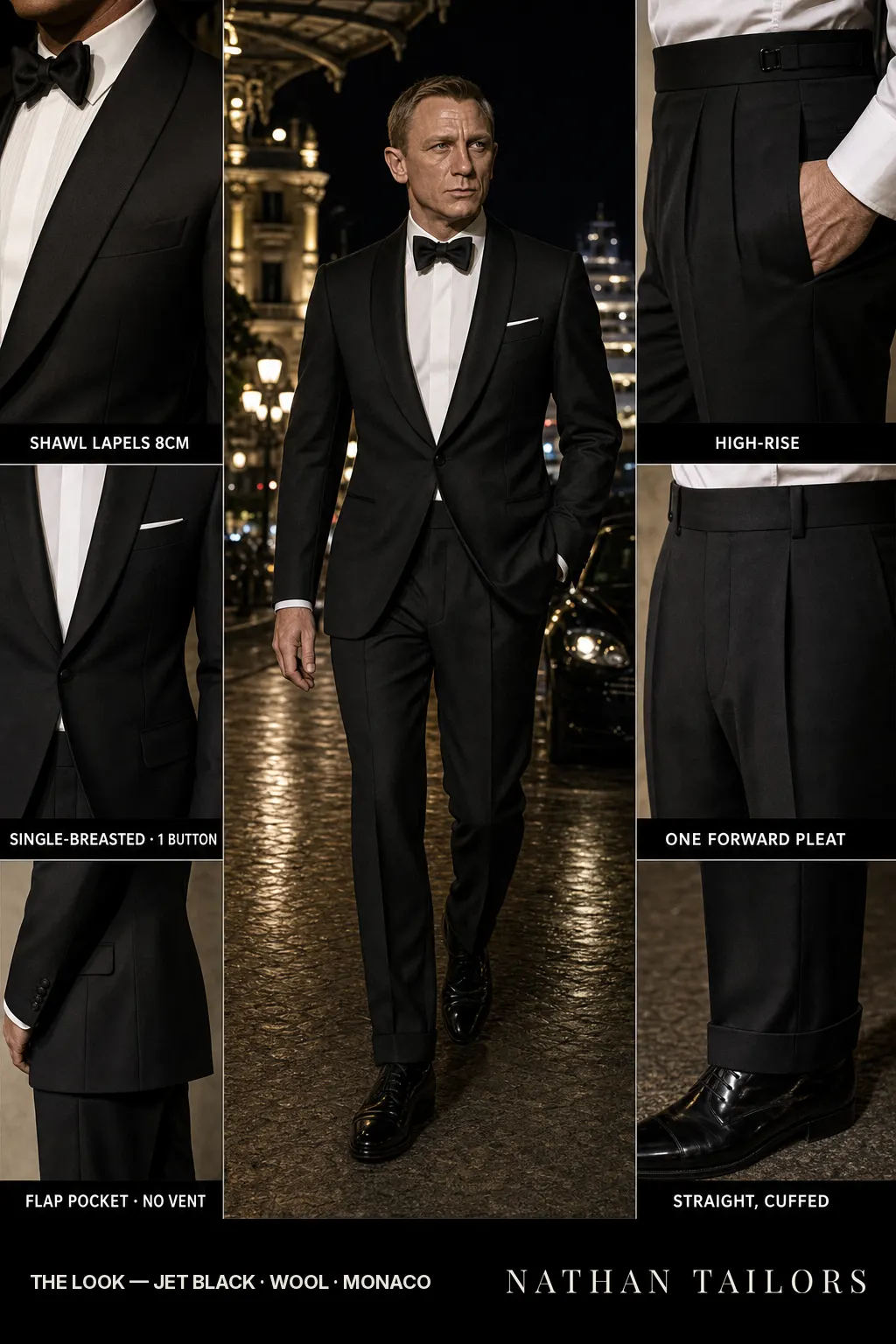 jet black single-breasted shawl-lapel bespoke suit โ AI-rendered by Nathan Tailors, the Hoi An custom tailor. Available as a custom tailored suit from $169.