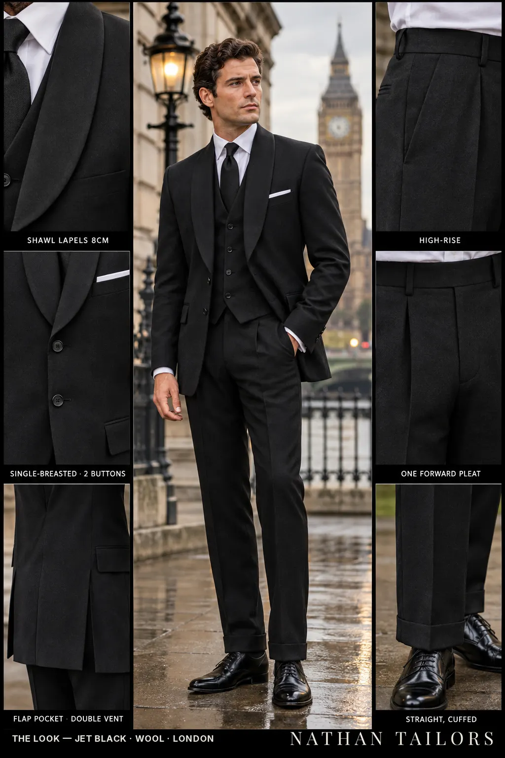 jet black single-breasted bespoke suit โ custom tailored by Nathan Tailors, the Hoi An custom tailor