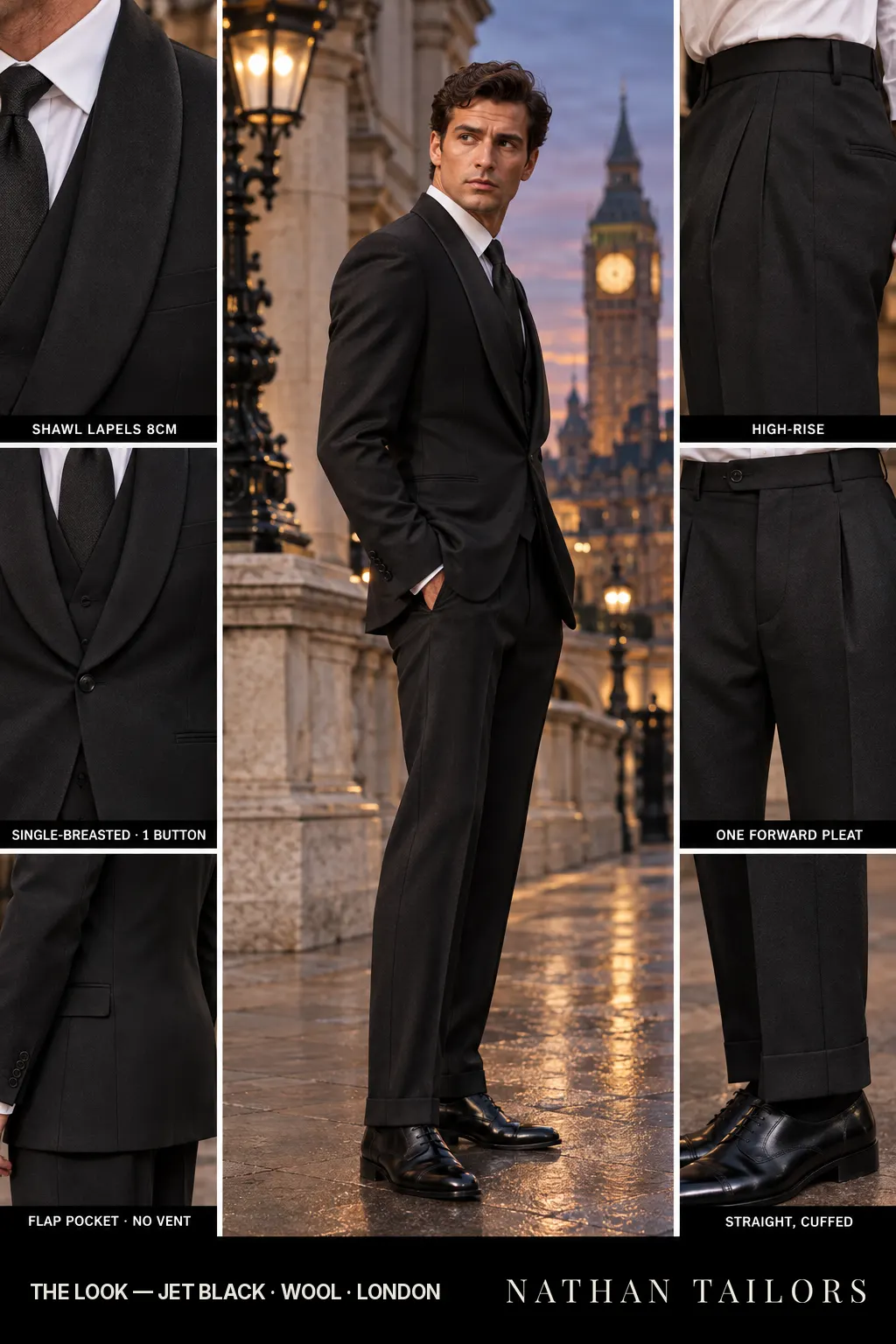 jet black single-breasted bespoke suit โ custom tailored by Nathan Tailors, the Hoi An custom tailor