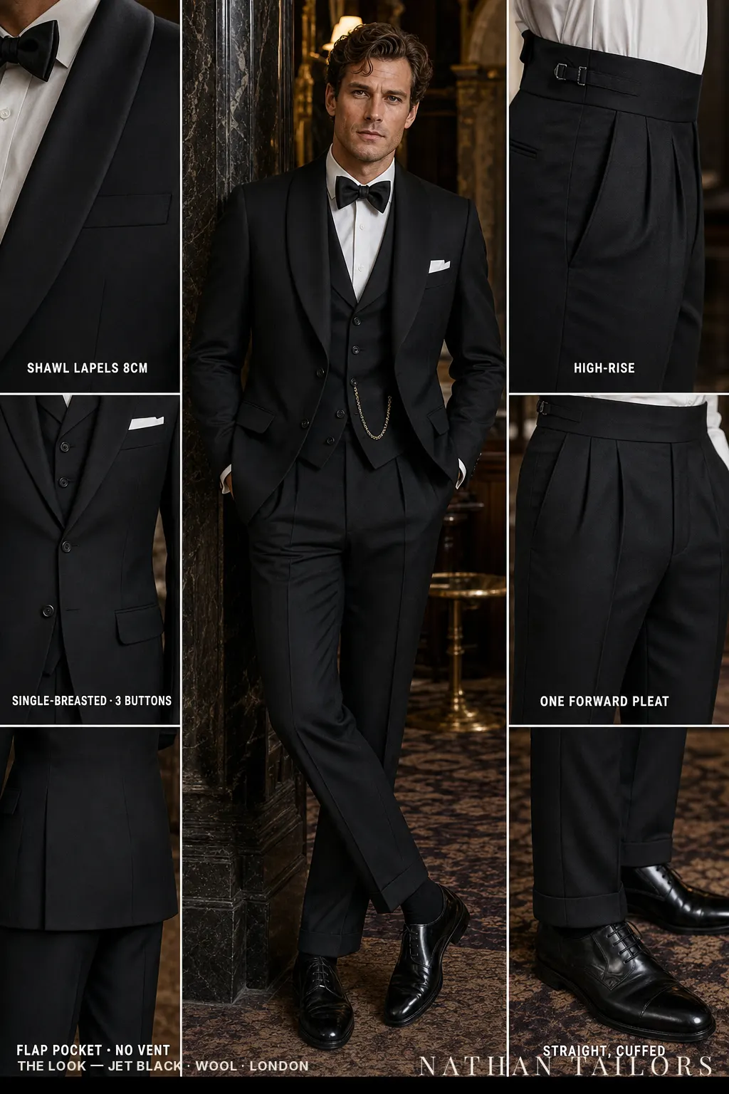 jet black single-breasted shawl-lapel bespoke suit — AI-rendered by Nathan Tailors, the Hoi An custom tailor. Available as a custom tailored suit from $149.