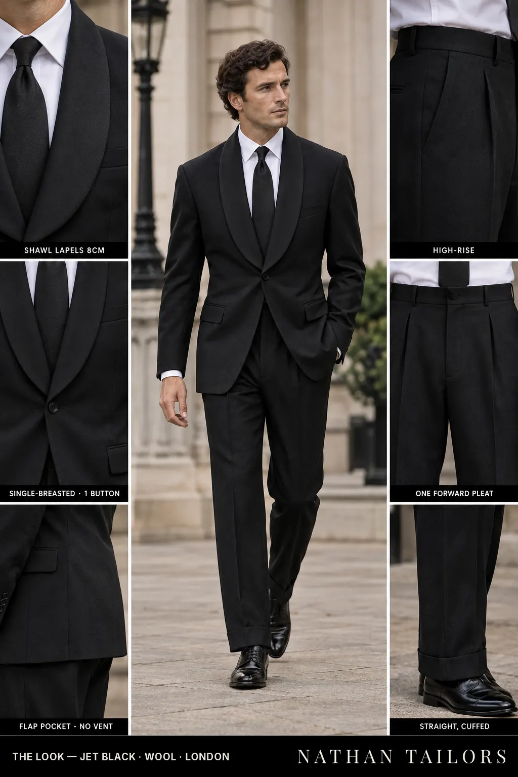 jet black single-breasted bespoke suit โ custom tailored by Nathan Tailors, the Hoi An custom tailor
