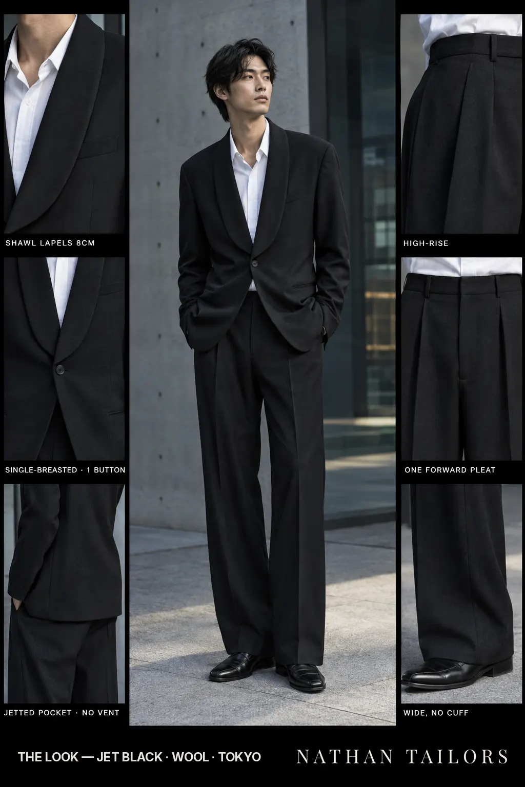 jet black single-breasted bespoke suit โ custom tailored by Nathan Tailors, the Hoi An custom tailor