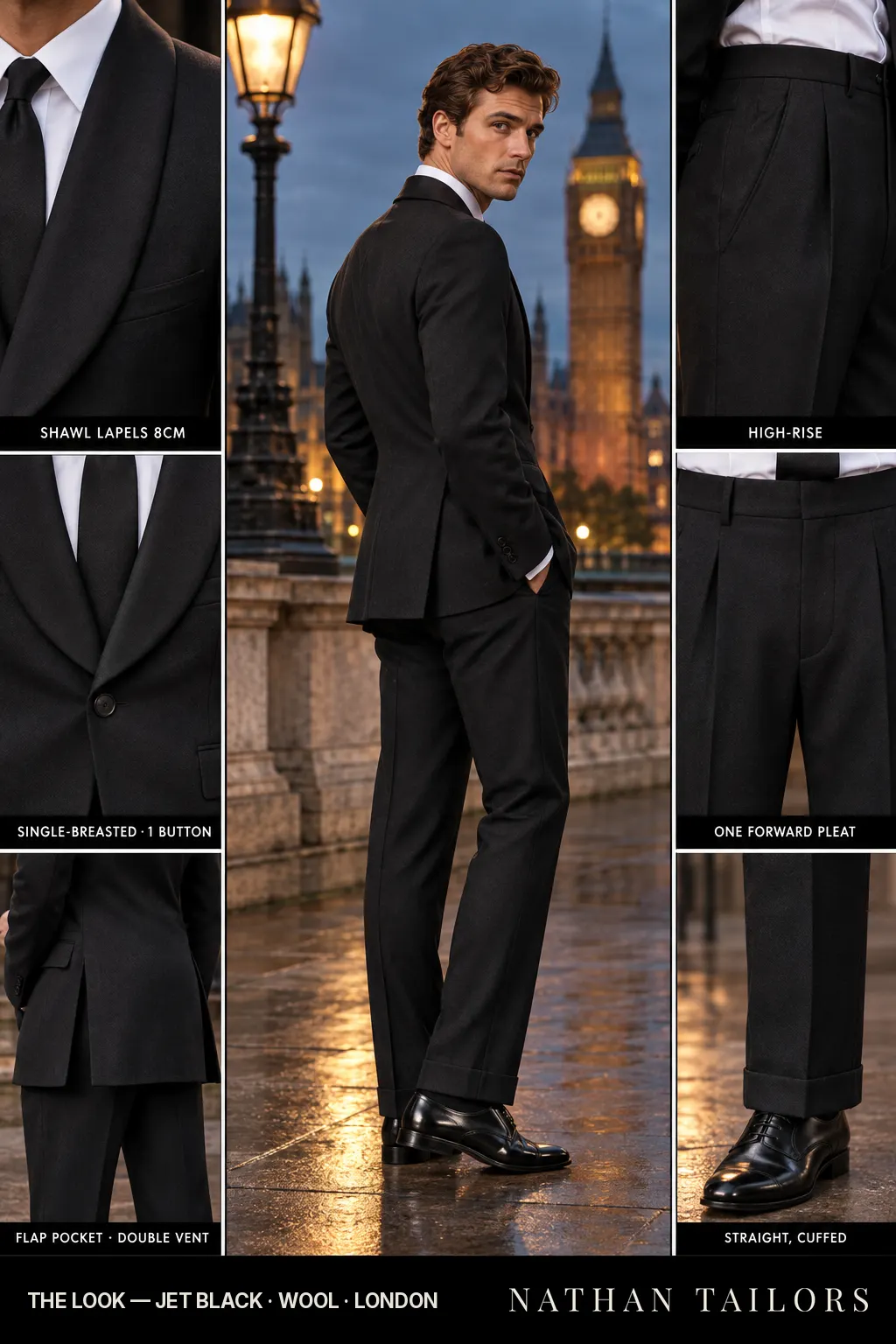 jet black single-breasted bespoke suit โ custom tailored by Nathan Tailors, the Hoi An custom tailor