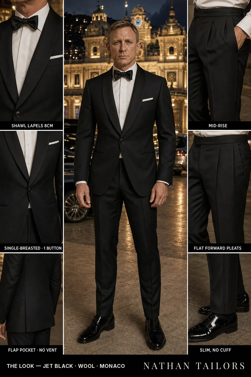 jet black single-breasted shawl-lapel bespoke suit — AI-rendered by Nathan Tailors, the Hoi An custom tailor. Available as a custom tailored suit from $149.