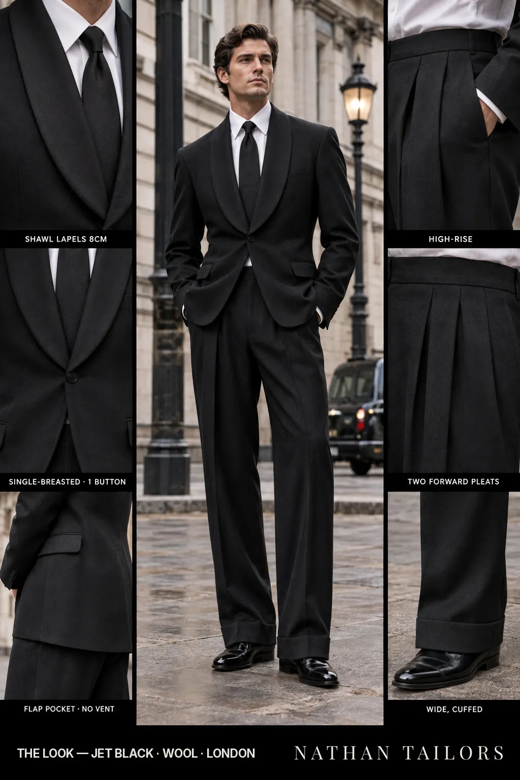 jet black single-breasted bespoke suit โ custom tailored by Nathan Tailors, the Hoi An custom tailor