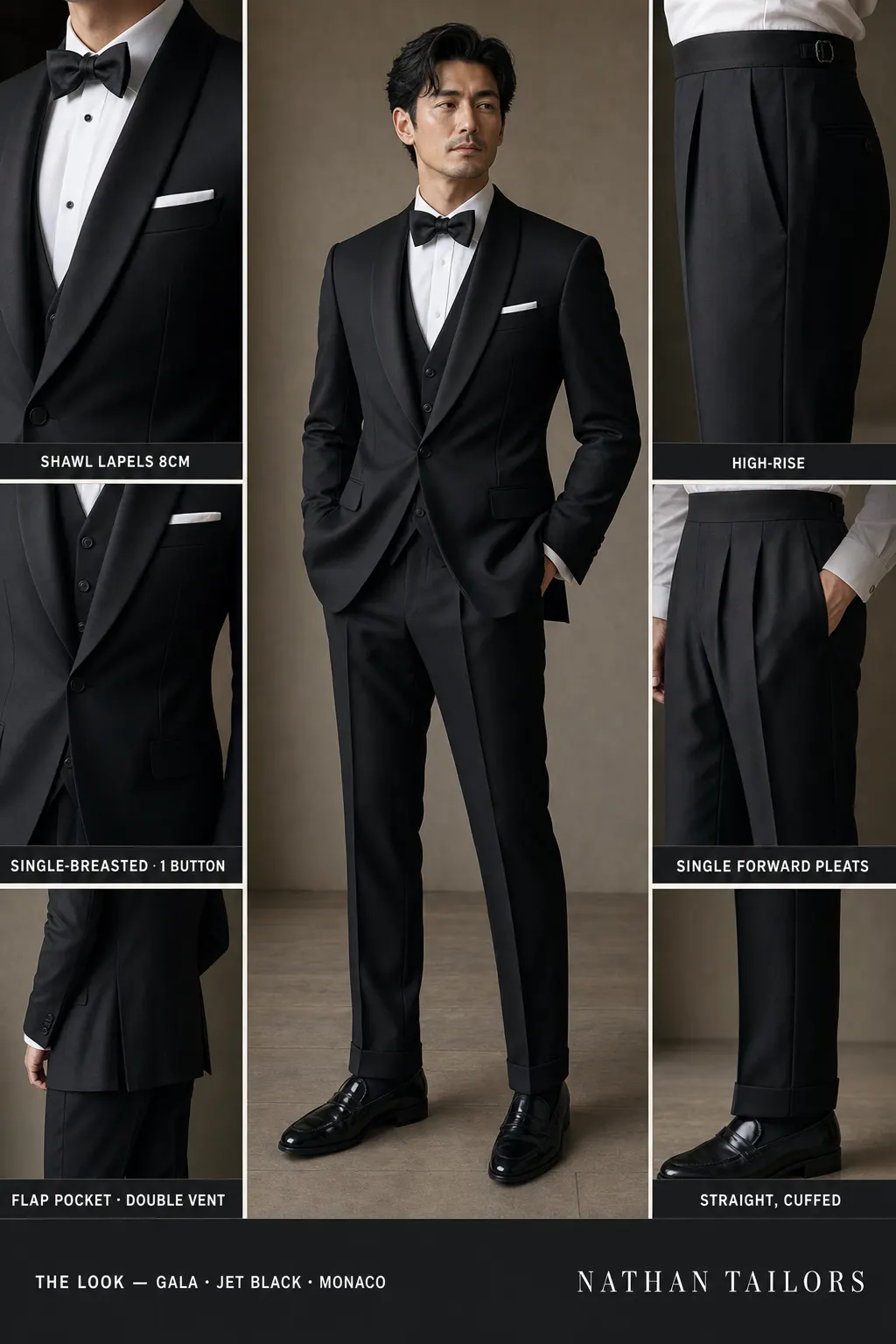 jet black single-breasted shawl-lapel bespoke suit — AI-rendered by Nathan Tailors, the Hoi An custom tailor. Available as a custom tailored suit from $149.