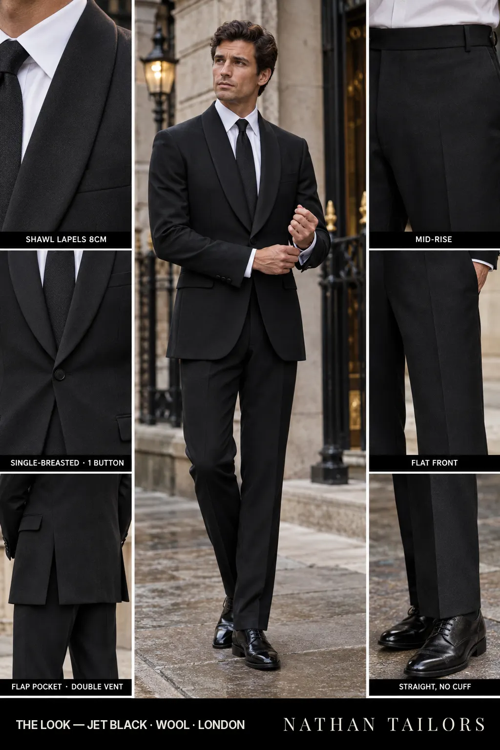 jet black single-breasted shawl-lapel bespoke suit โ AI-rendered by Nathan Tailors, the Hoi An custom tailor. Available as a custom tailored suit from $149.
