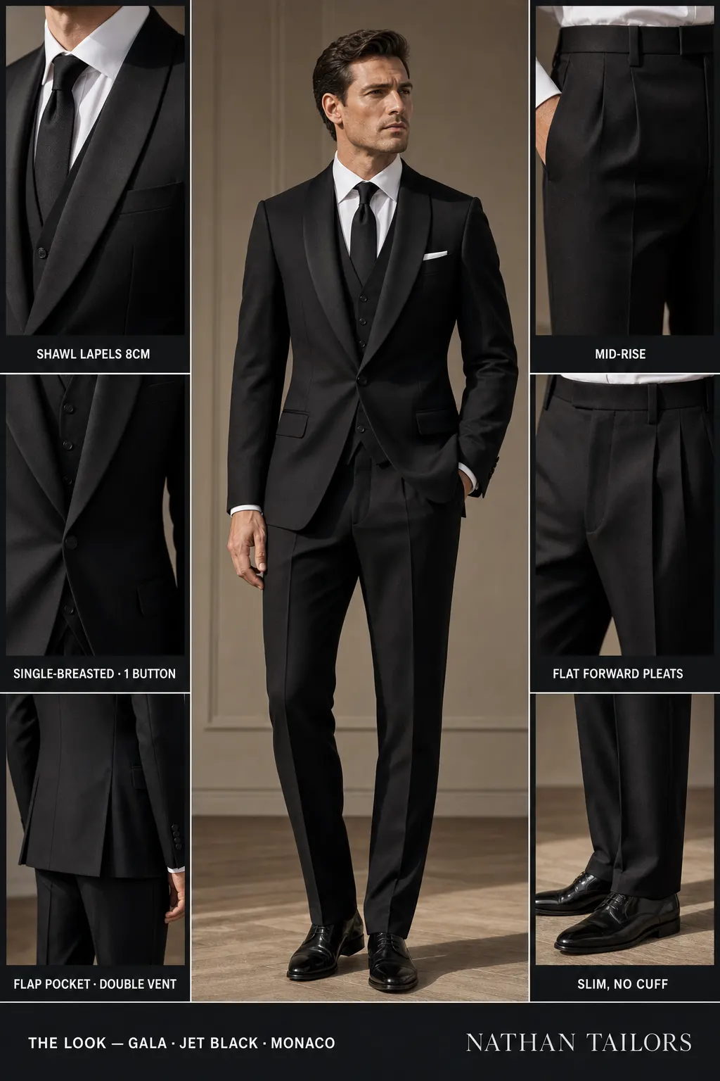 jet black single-breasted shawl-lapel bespoke suit โ AI-rendered by Nathan Tailors, the Hoi An custom tailor. Available as a custom tailored suit from $149.