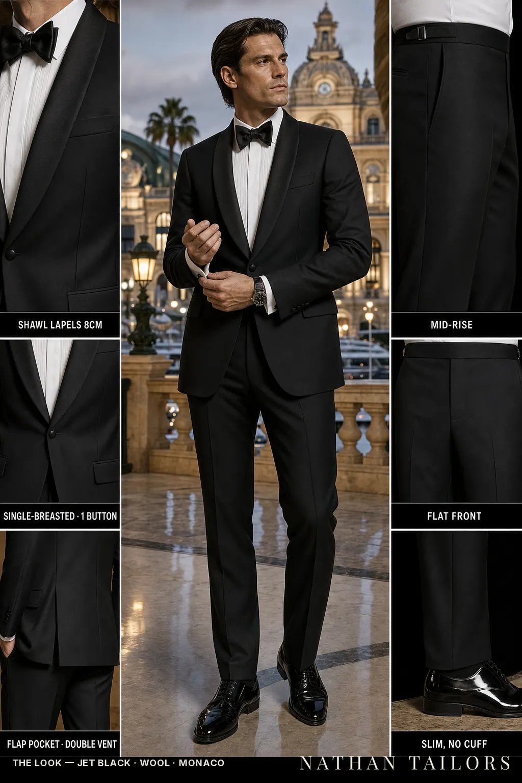 jet black single-breasted shawl-lapel bespoke suit — AI-rendered by Nathan Tailors, the Hoi An custom tailor. Available as a custom tailored suit from $149.