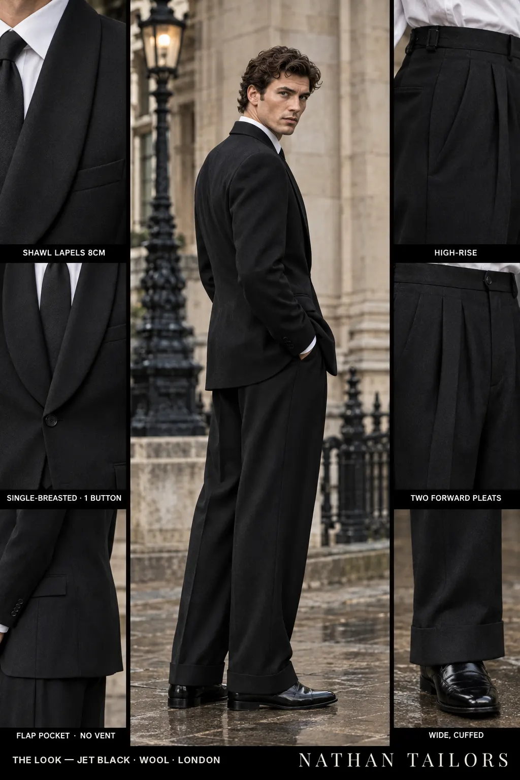 jet black single-breasted bespoke suit โ custom tailored by Nathan Tailors, the Hoi An custom tailor