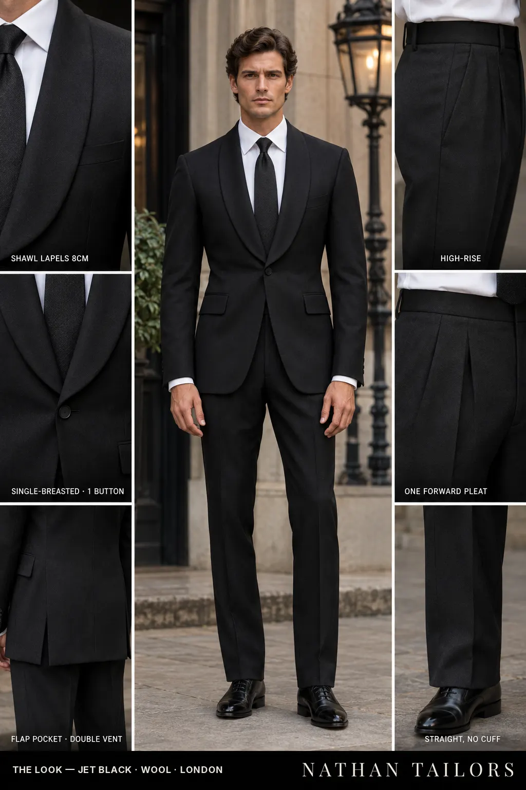 jet black single-breasted shawl-lapel bespoke suit — AI-rendered by Nathan Tailors, the Hoi An custom tailor. Available as a custom tailored suit from $149.