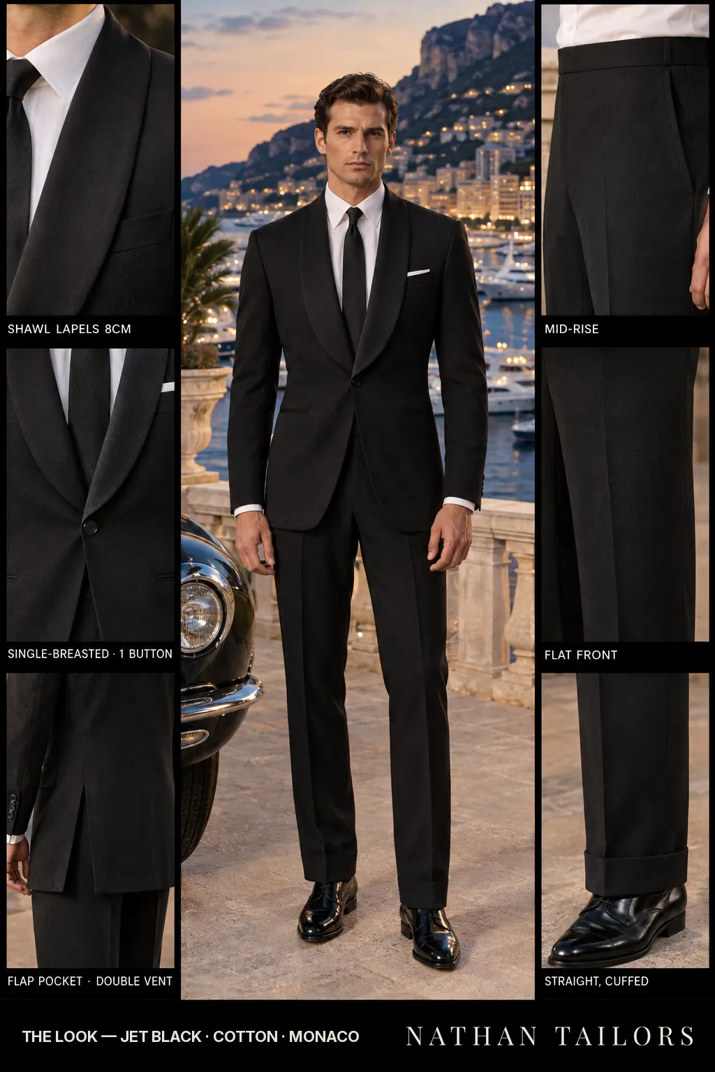 jet black single-breasted shawl-lapel bespoke suit โ AI-rendered by Nathan Tailors, the Hoi An custom tailor. Available as a custom tailored suit from $149.