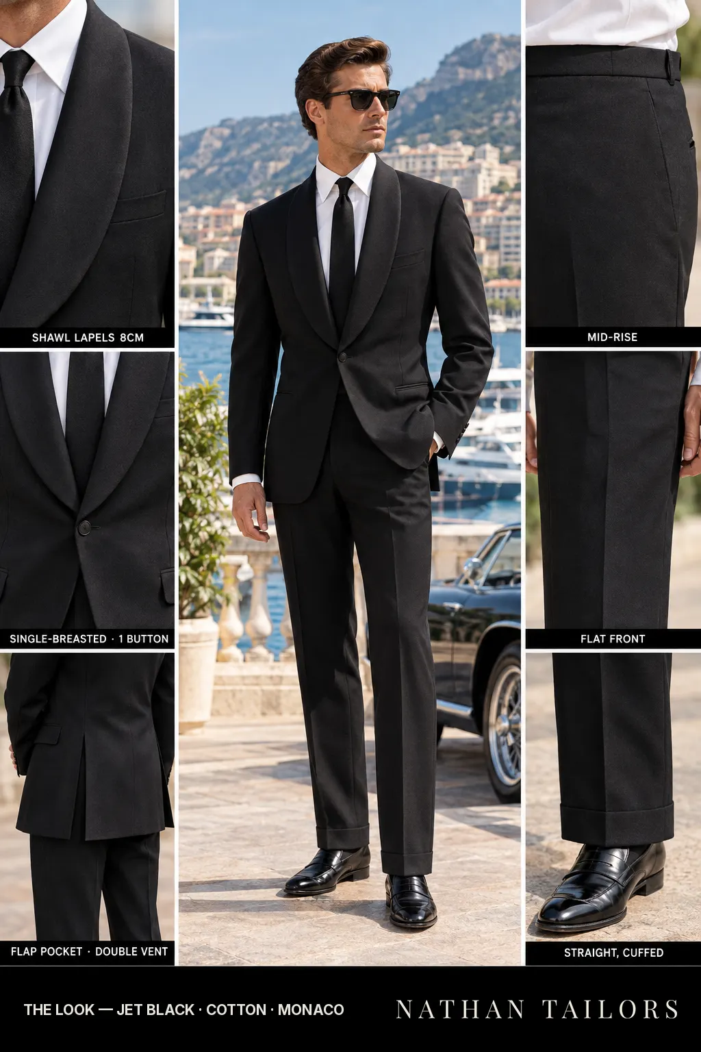 jet black single-breasted bespoke suit โ custom tailored by Nathan Tailors, the Hoi An custom tailor