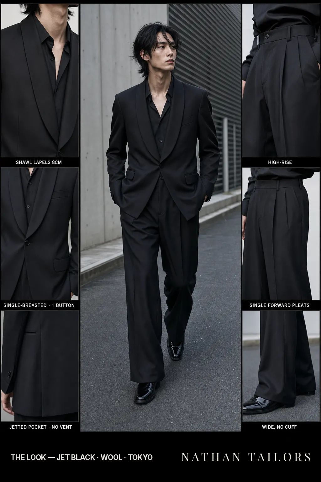 jet black single-breasted shawl-lapel bespoke suit — AI-rendered by Nathan Tailors, the Hoi An custom tailor. Available as a custom tailored suit from $149.