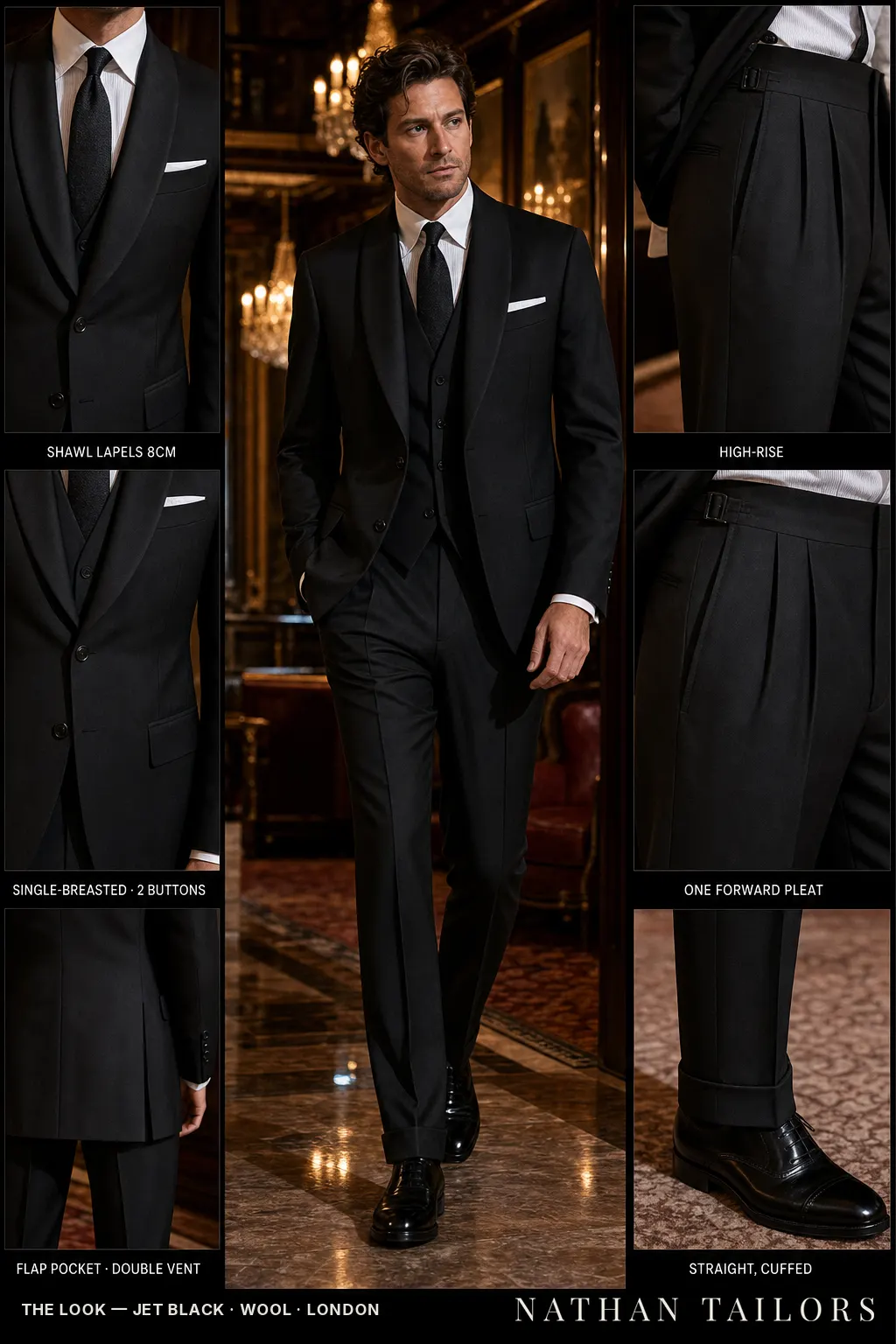 jet black single-breasted bespoke suit — custom tailored by Nathan Tailors, the Hoi An custom tailor