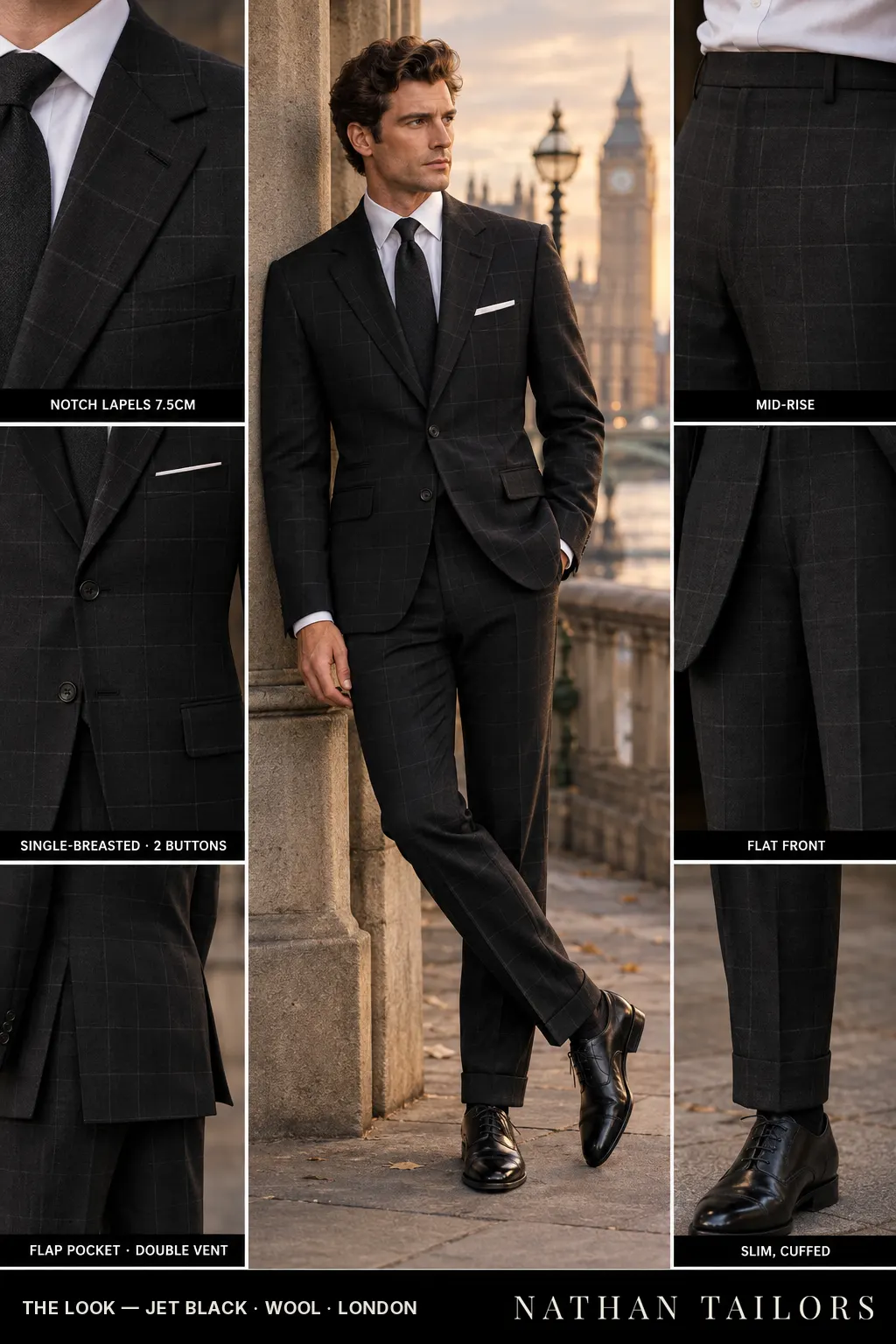 jet black windowpane single-breasted bespoke suit — custom tailored by Nathan Tailors, the Hoi An custom tailor