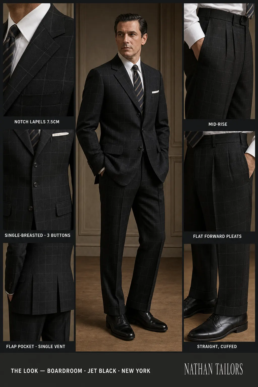 jet black windowpane single-breasted notch-lapel bespoke suit โ AI-rendered by Nathan Tailors, the Hoi An custom tailor. Available as a custom tailored suit from $149.