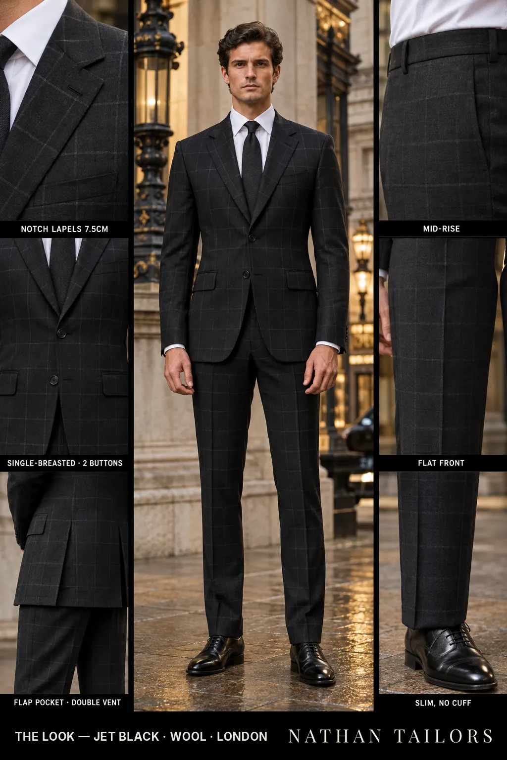jet black windowpane single-breasted bespoke suit — custom tailored by Nathan Tailors, the Hoi An custom tailor
