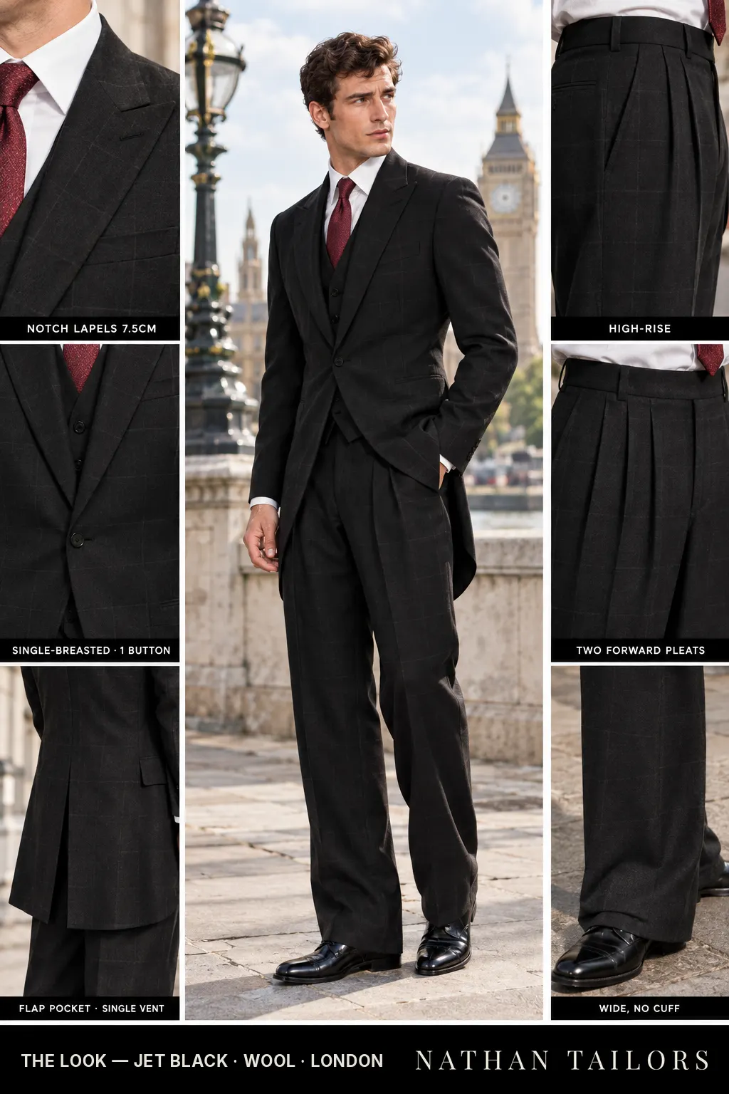 jet black windowpane single-breasted bespoke suit โ custom tailored by Nathan Tailors, the Hoi An custom tailor