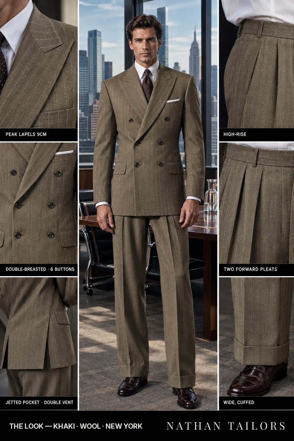 khaki chalk_stripe double-breasted bespoke suit — custom tailored by Nathan Tailors, the Hoi An custom tailor