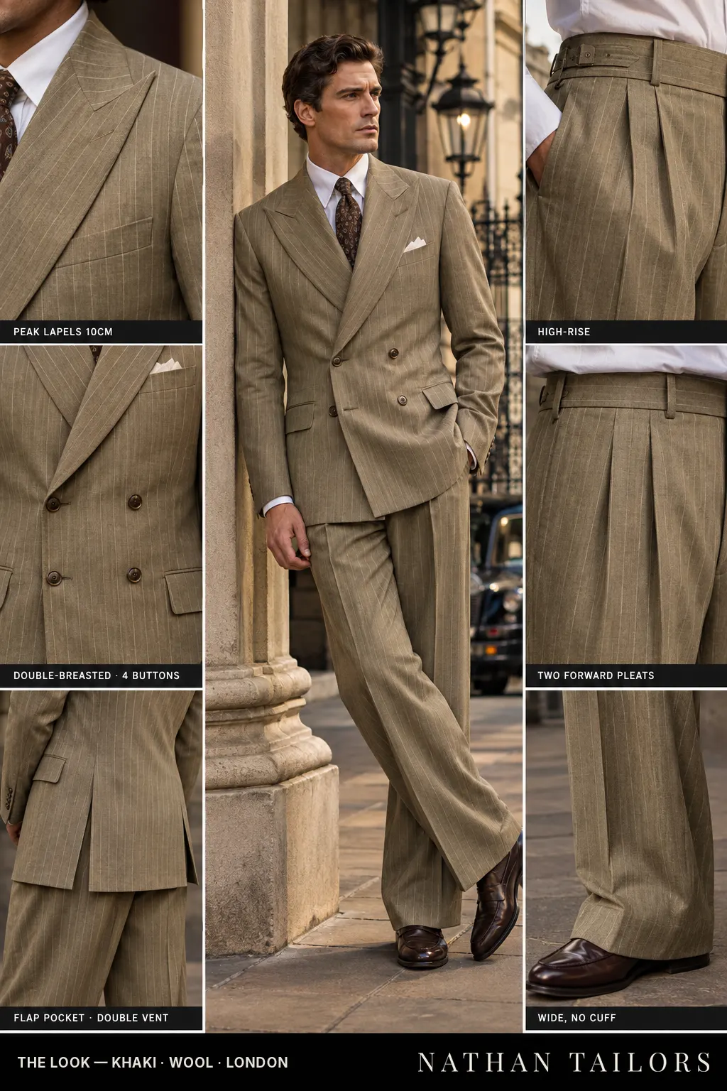 khaki chalk_stripe double-breasted bespoke suit โ custom tailored by Nathan Tailors, the Hoi An custom tailor