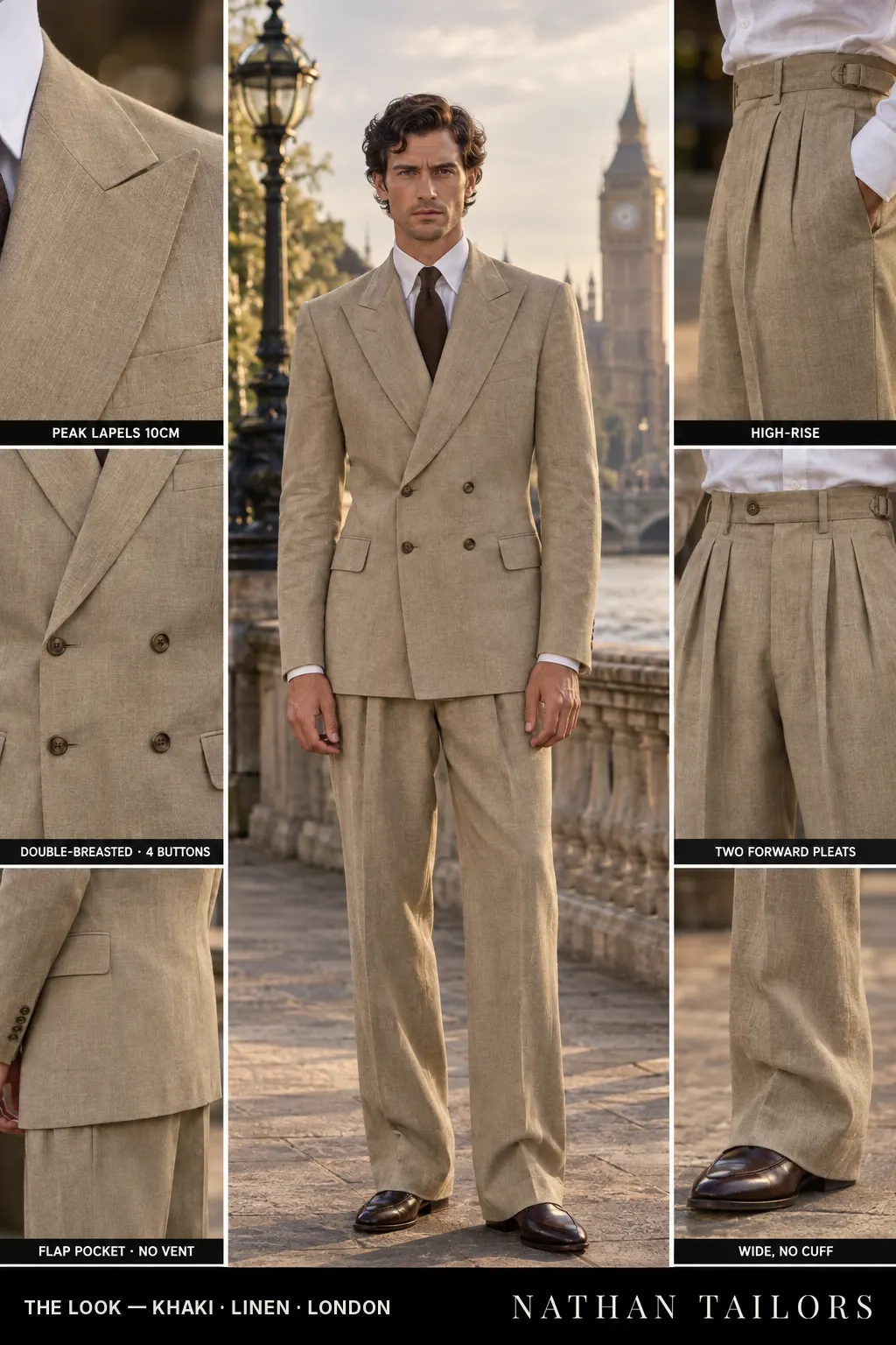 khaki double-breasted bespoke suit — custom tailored by Nathan Tailors, the Hoi An custom tailor