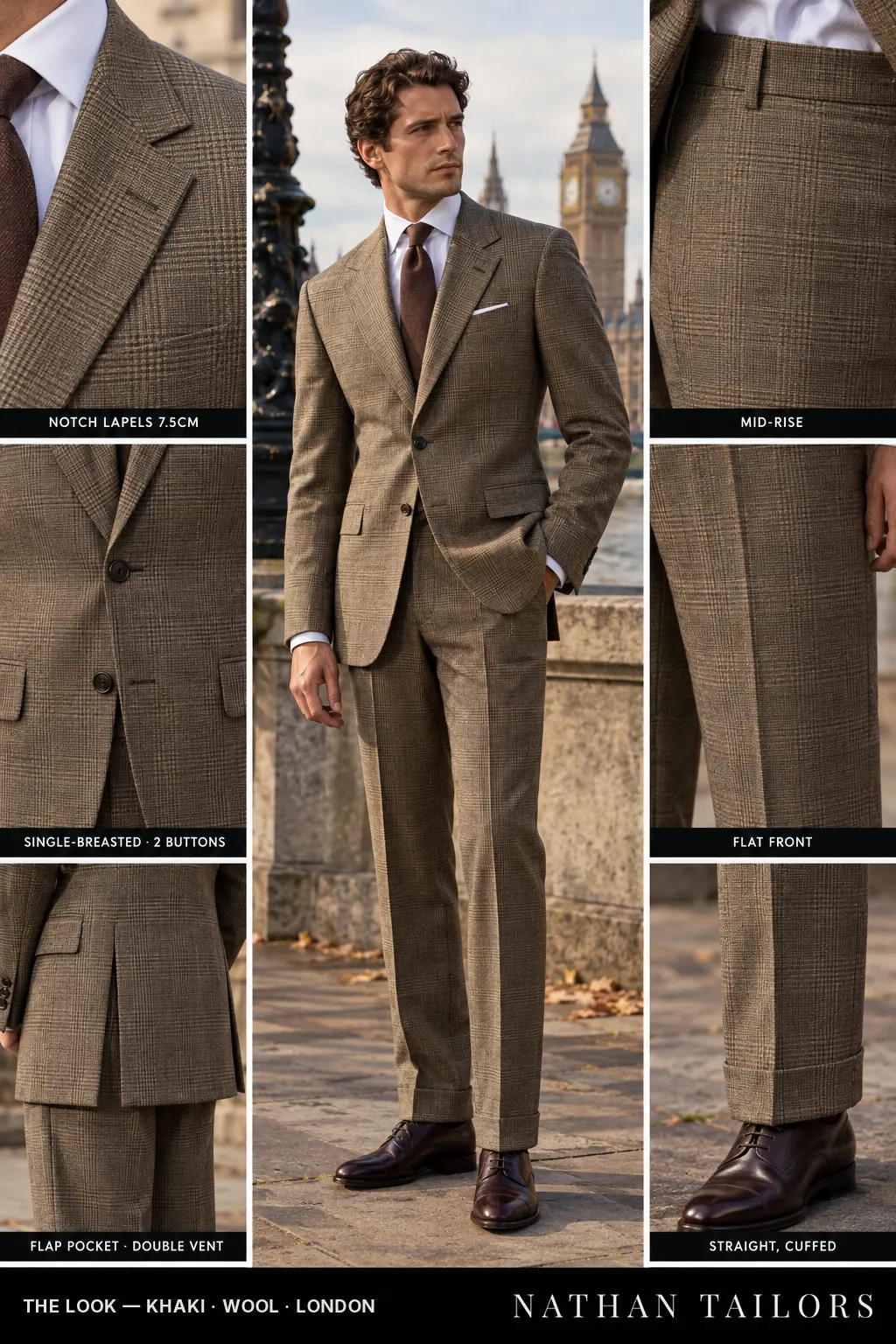 khaki glen plaid single-breasted notch-lapel bespoke suit โ AI-rendered by Nathan Tailors, the Hoi An custom tailor. Available as a custom tailored suit from $149.